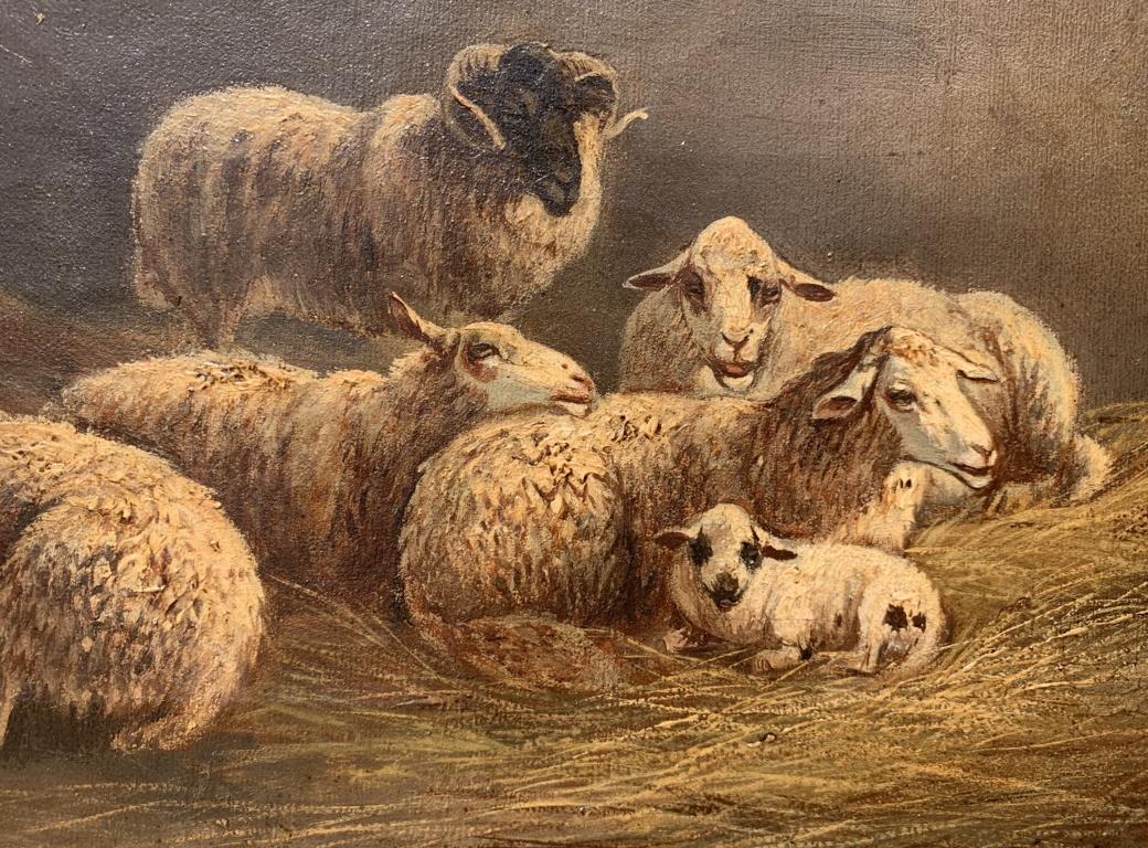 Peintre italien (XIXe siècle) - Moutons dans l'étable.

26,5 x 47,5 cm sans cadre, 52 x 73 avec cadre.

Peinture à l'huile ancienne sur toile, dans un cadre contemporain en bois sculpté et doré.

État des lieux : Toile originale. Bon état de