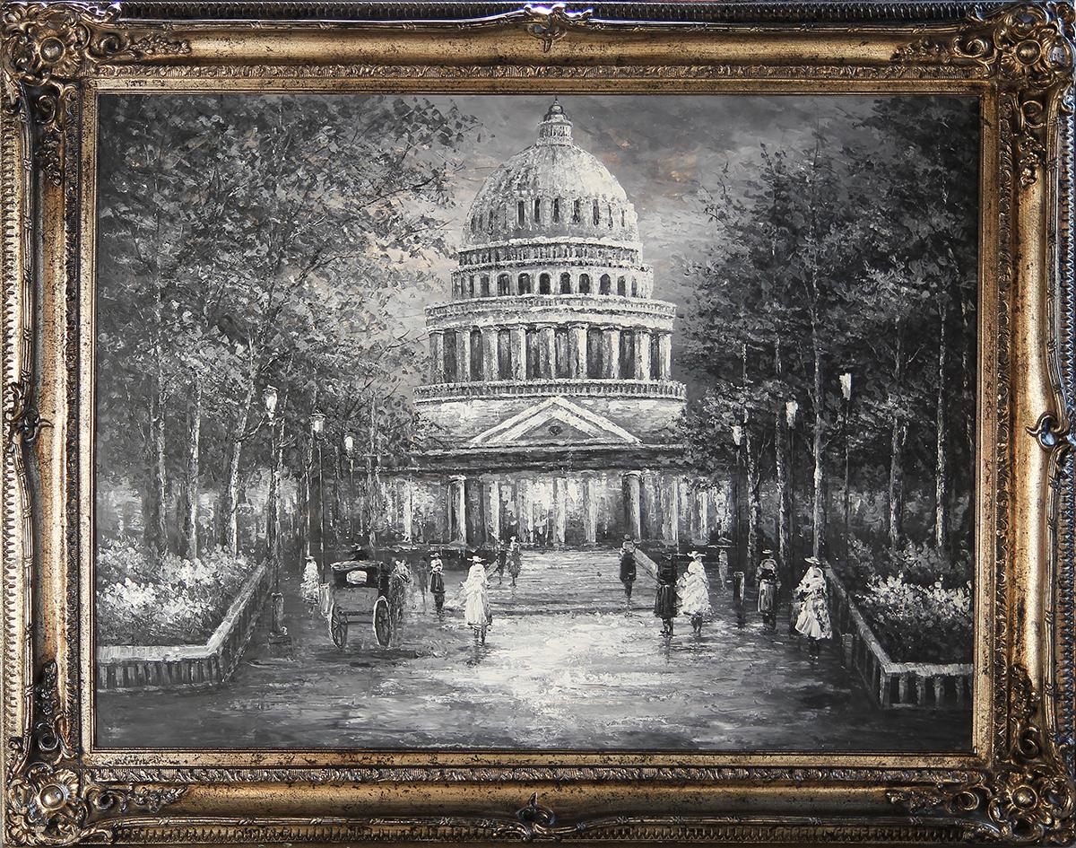 Unknown Landscape Painting - Realist Modern Black and White United States Capitol Building Painting