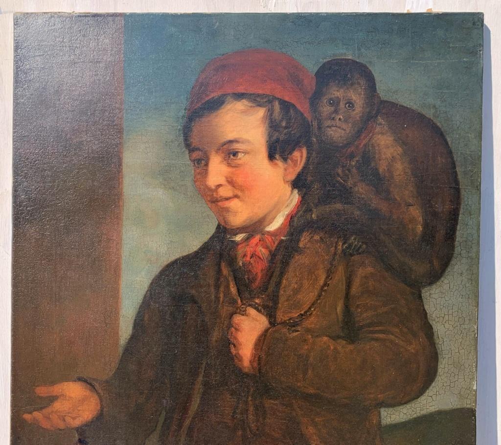 Pittore realista (scuola italiana) - Pittura di figura del XIX secolo - Bambino con scimmia - Portrait Painting Nero di Unknown