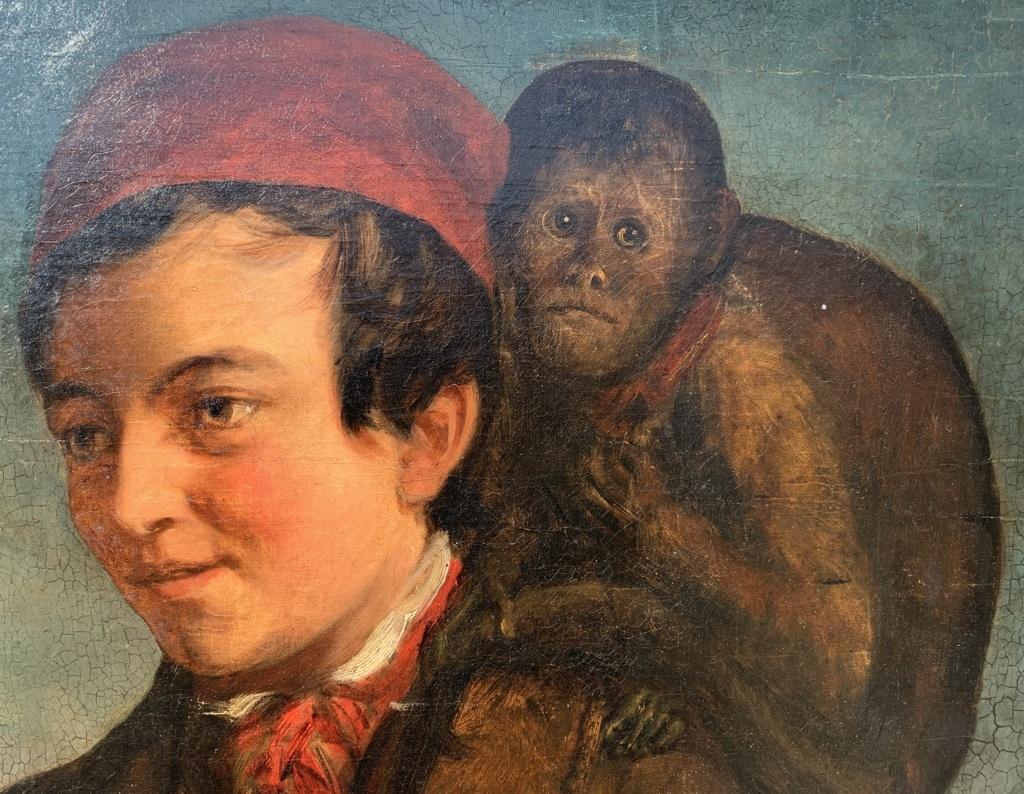 Pittore realista (scuola italiana) - Pittura di figura del XIX secolo - Bambino con scimmia 1