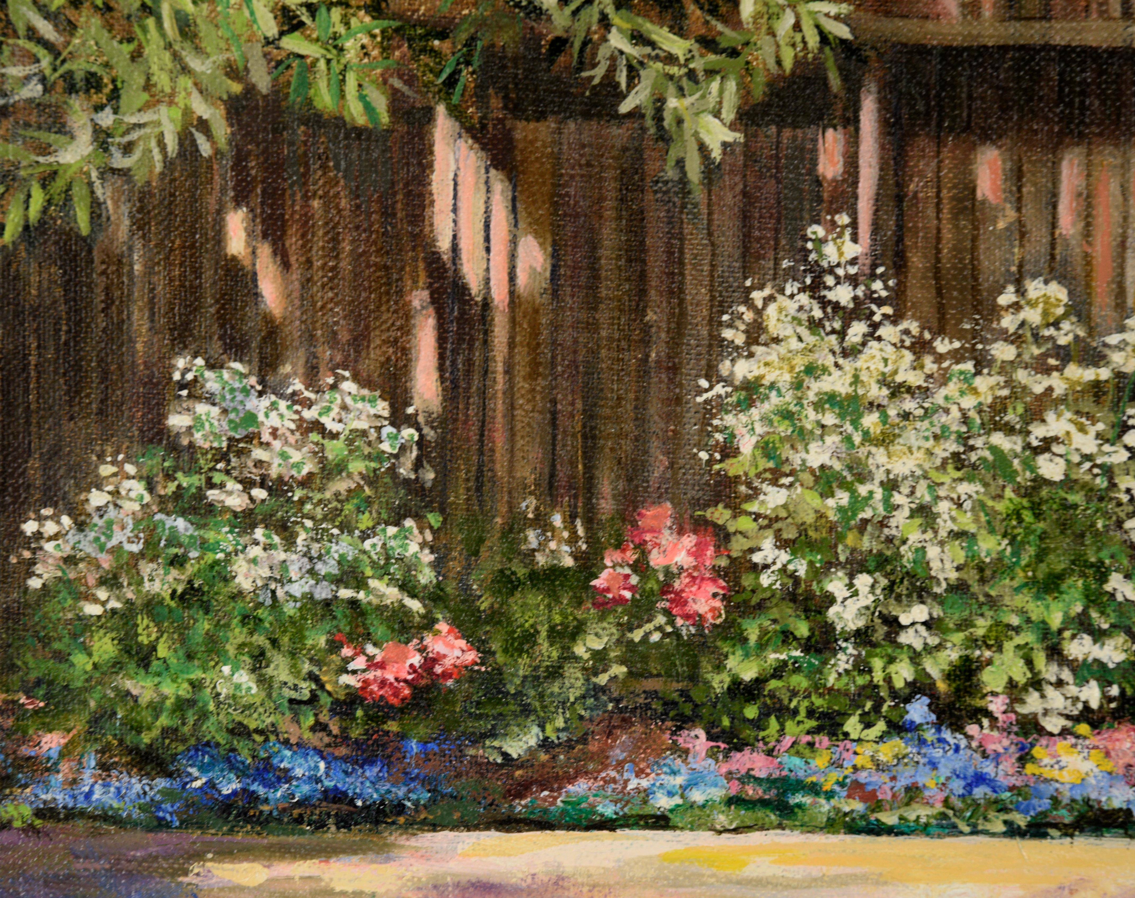Highly detailed landscape of a garden along a fence by an unknown artist (20th Century). Sunlight illuminates a patch of flowers planted along a fence and path. There is a lovely contract between the brightly colored flowers, the tan fence, and the