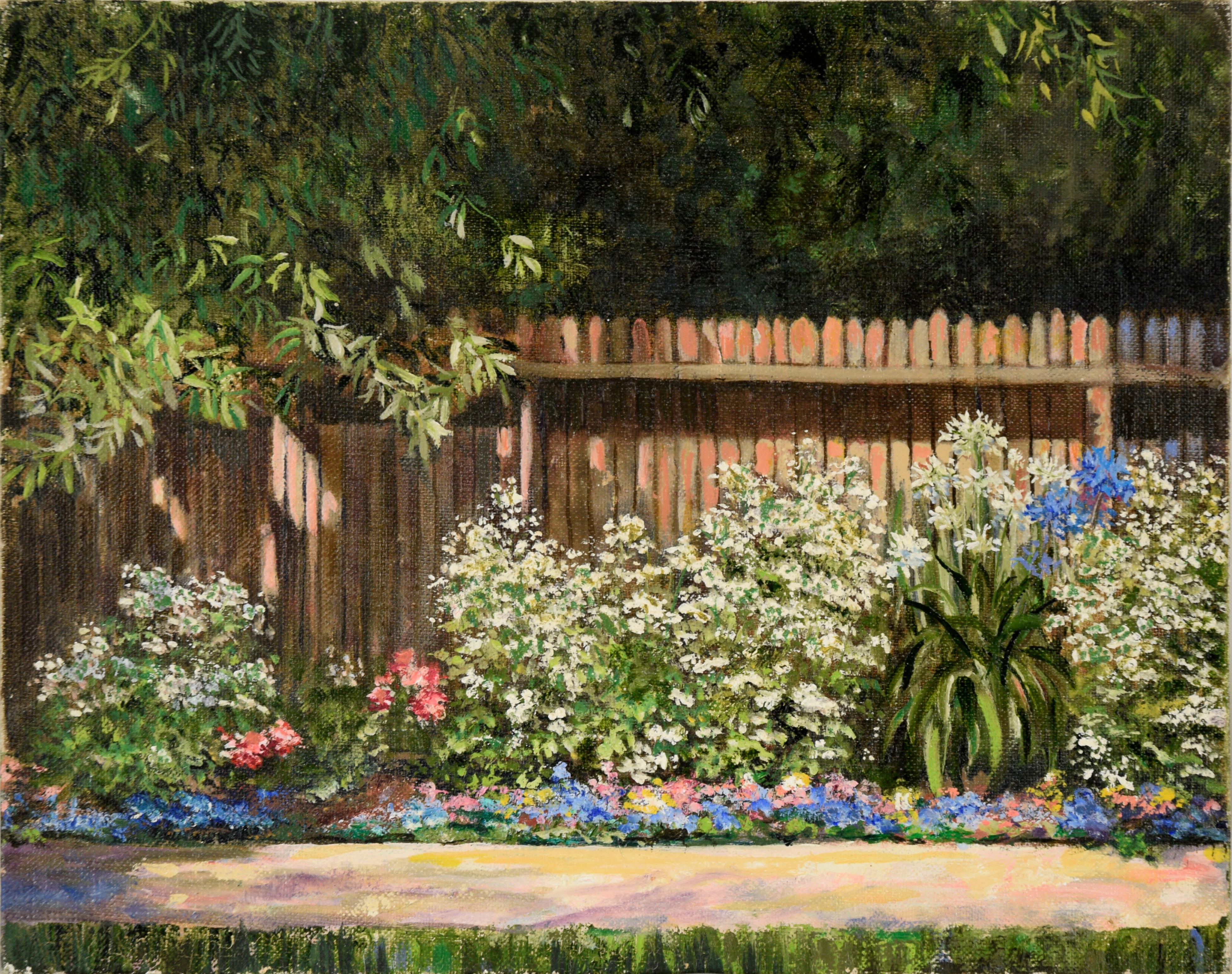 Paysage de jardin réaliste - Huile sur panneau d'artiste