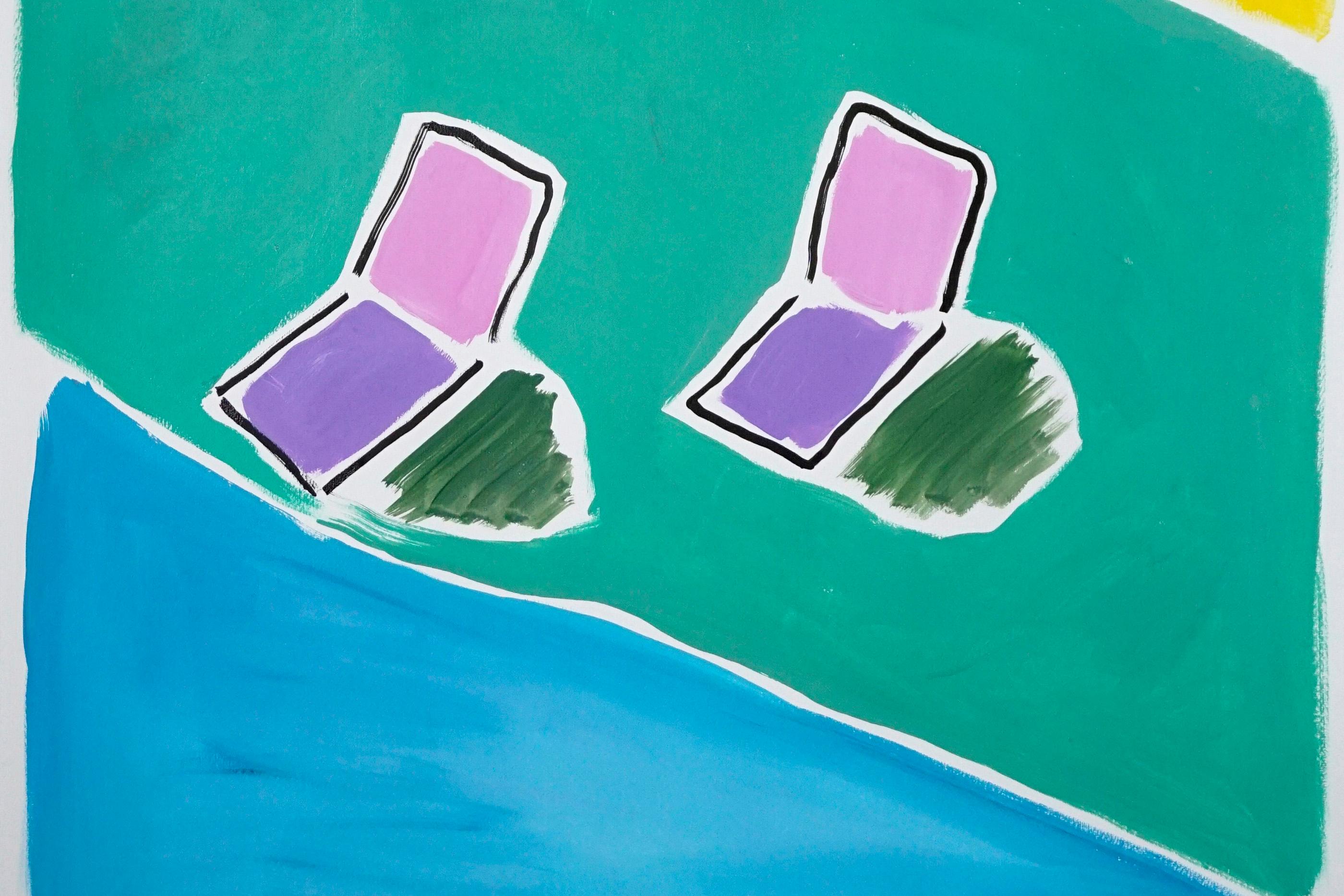 Reclining Chairs at Pool House, Garden Painting on Paper, Hockney Style, 2021 1