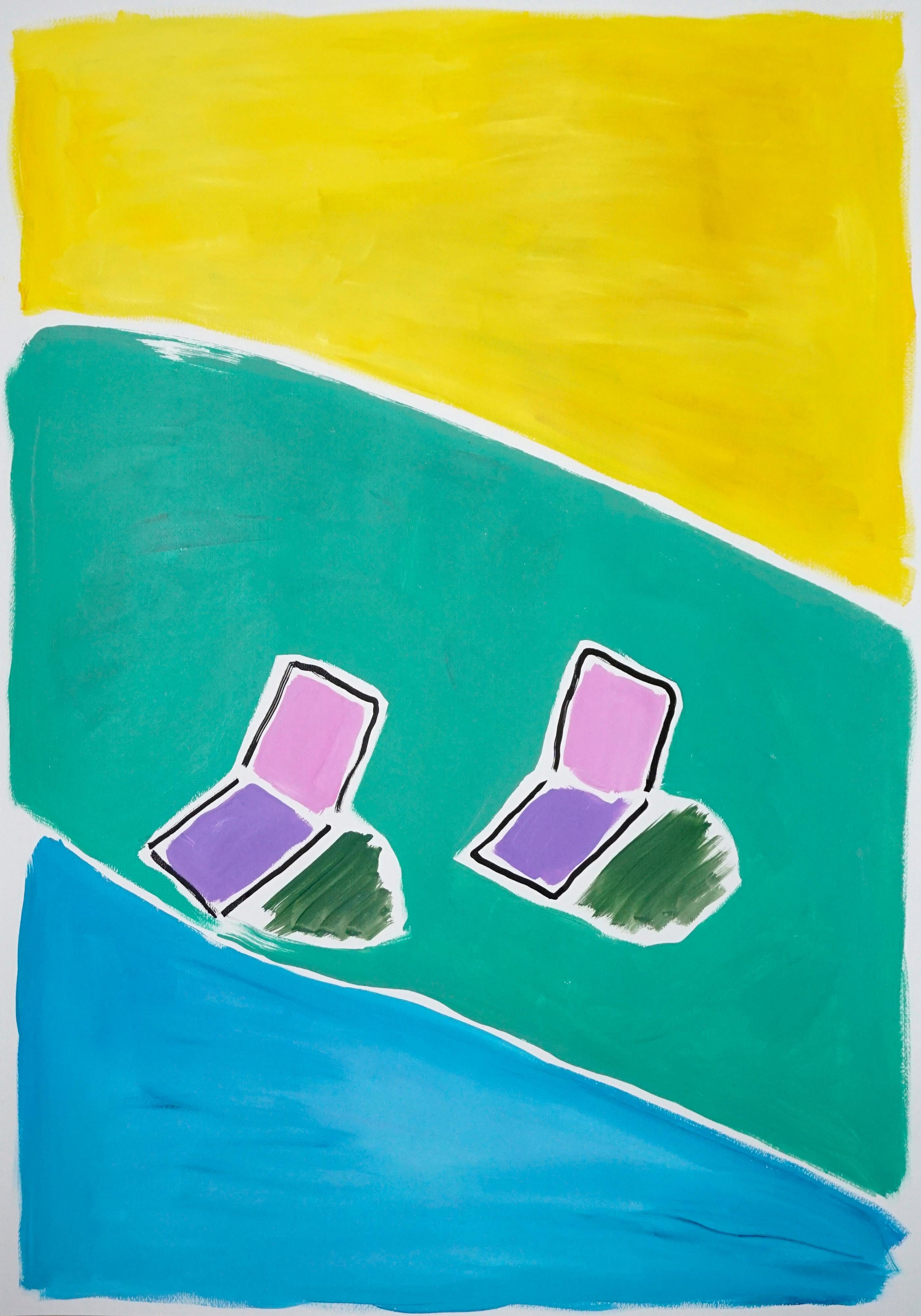 Unknown Landscape Painting - Reclining Chairs at Pool House, Garden Painting on Paper, Hockney Style, 2021