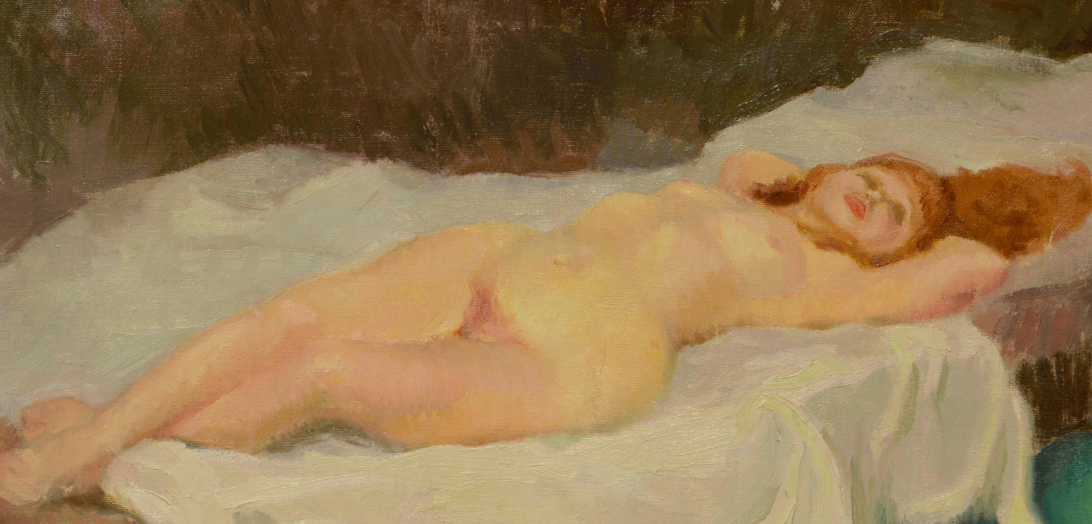 Reclining Red Headed Female Nude Figurative - Painting by Unknown