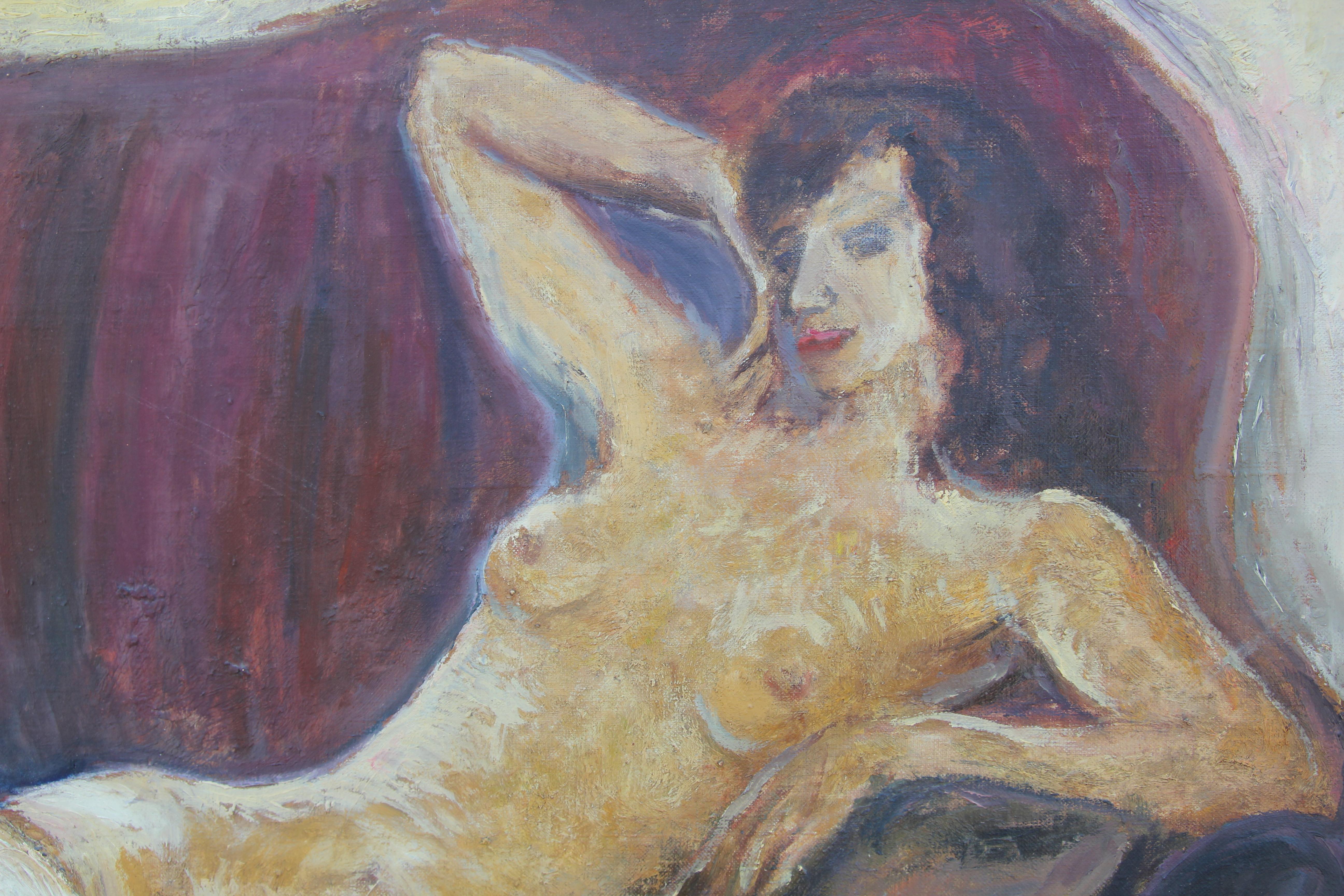 Red Toned Reclining Impressionist Nude Portrait - Painting by Unknown