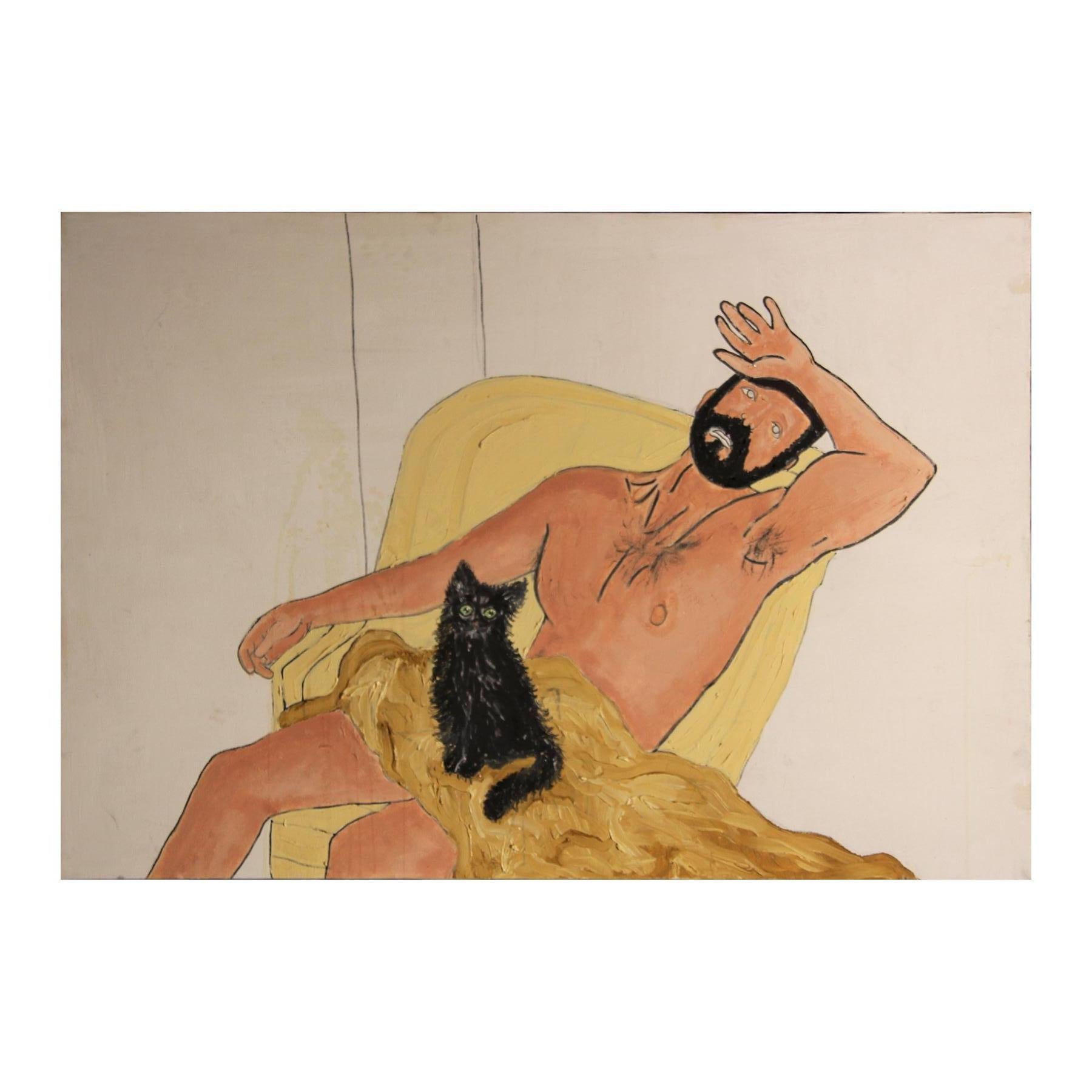 Unknown Animal Painting - Reclining Male Nude with Cat Contemporary Abstract Figurative Portrait Painting
