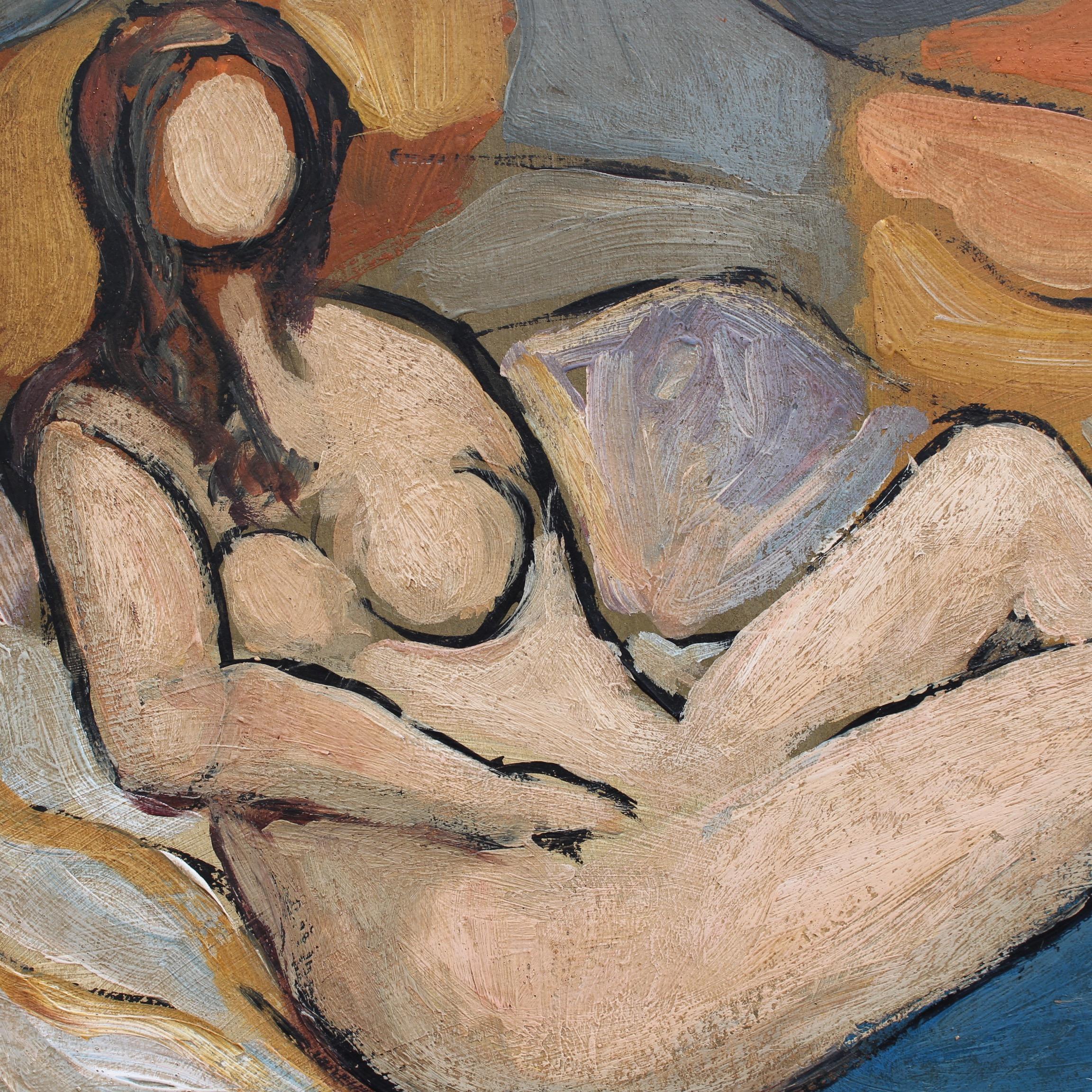 'Reclining Nude in Colour' by R.M. - Brown Nude Painting by Unknown