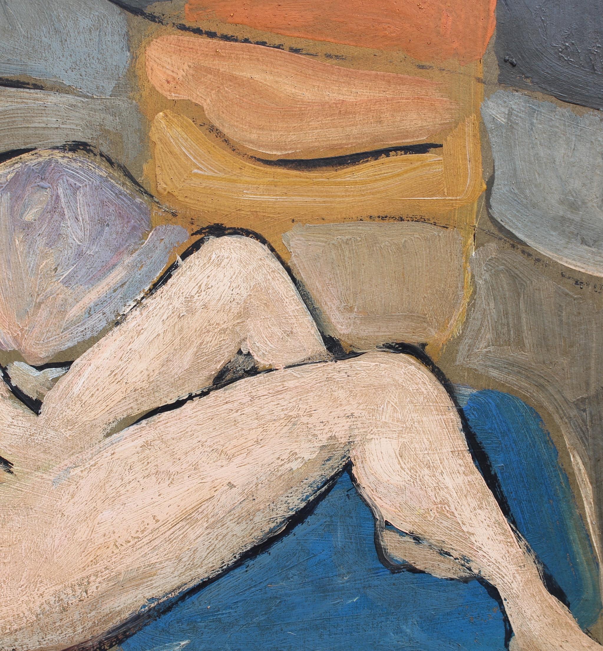 'Reclining Nude in Colour', oil on board, by artist with the initials 'R.M.' (circa 1940s - 1960s). The age-old artistic tradition of the reclining nude goes back hundreds of years and includes some of the best-known works from art history. The