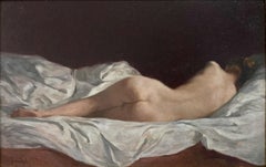 Peinture à l'huile "Nu couché" Intérieur réaliste - Femme nue allongée sur son lit