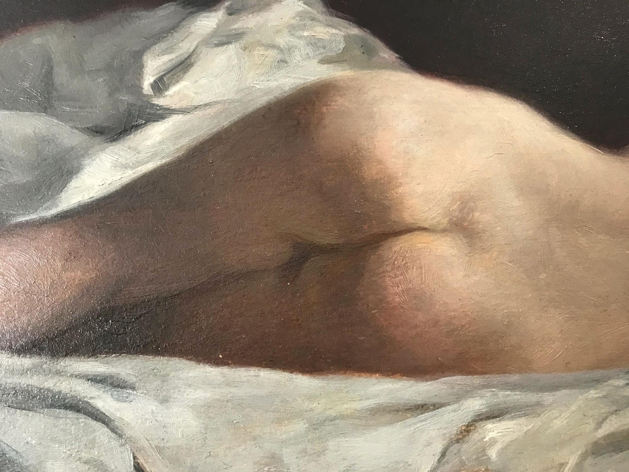 Ein außergewöhnliches Ölgemälde aus dem 19. Jahrhundert, das eine nackte, auf einem Bett liegende Figur mit weißem Vorhang vor einem dunklen Hintergrund zeigt. Diese intime figurative Szene stellt einen weiblichen Akt dar, der wirklich meisterhaft
