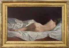 "Reclining Nude" Realist Interior Nude Female Figure Laying on Bed Oil Painting