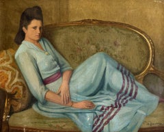 Femme couchée en bleu, huile sur toile - Peinture figurative vintage