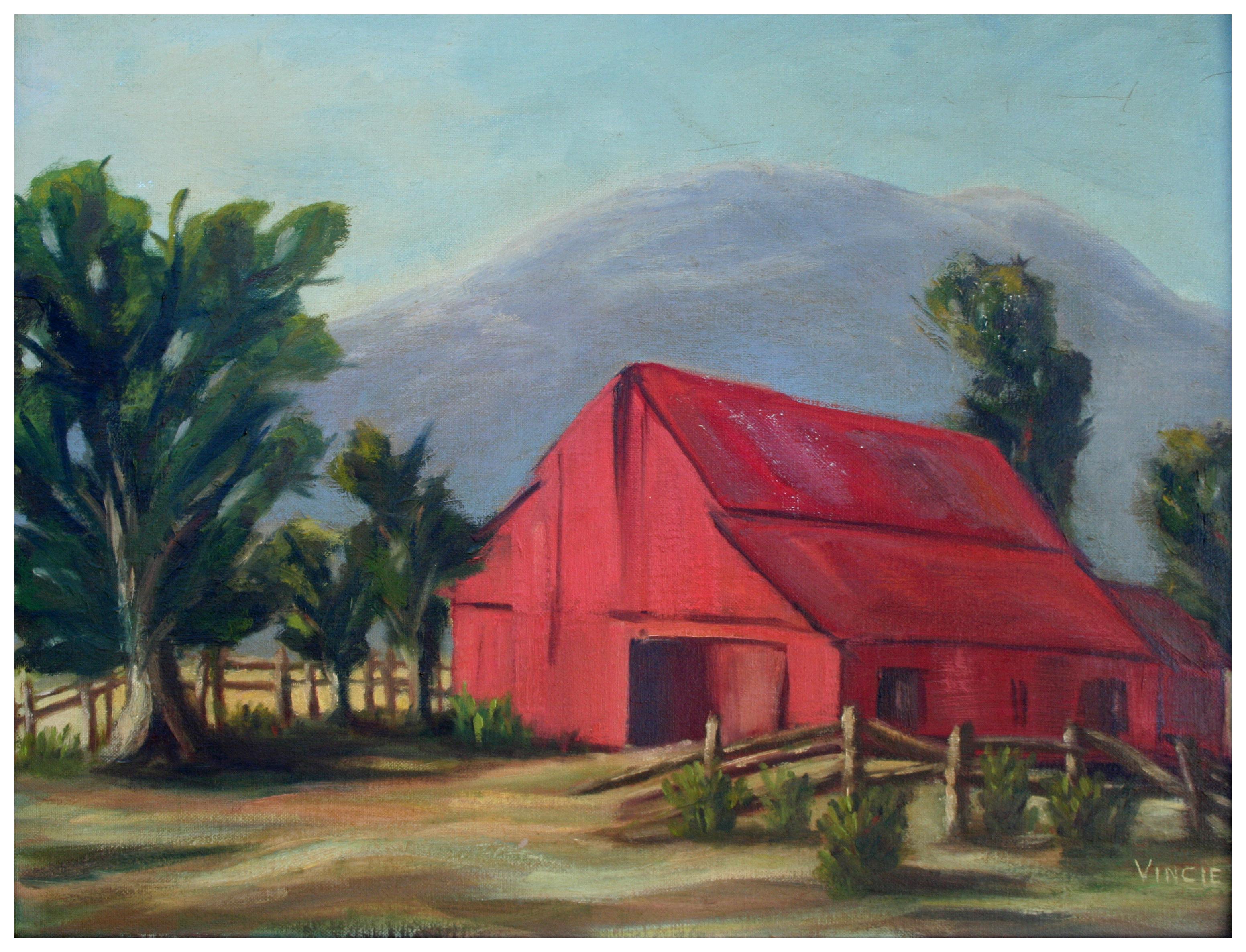 Mid Century Sierra Mountain Farm Landscape with Red Barn - Painting by Unknown