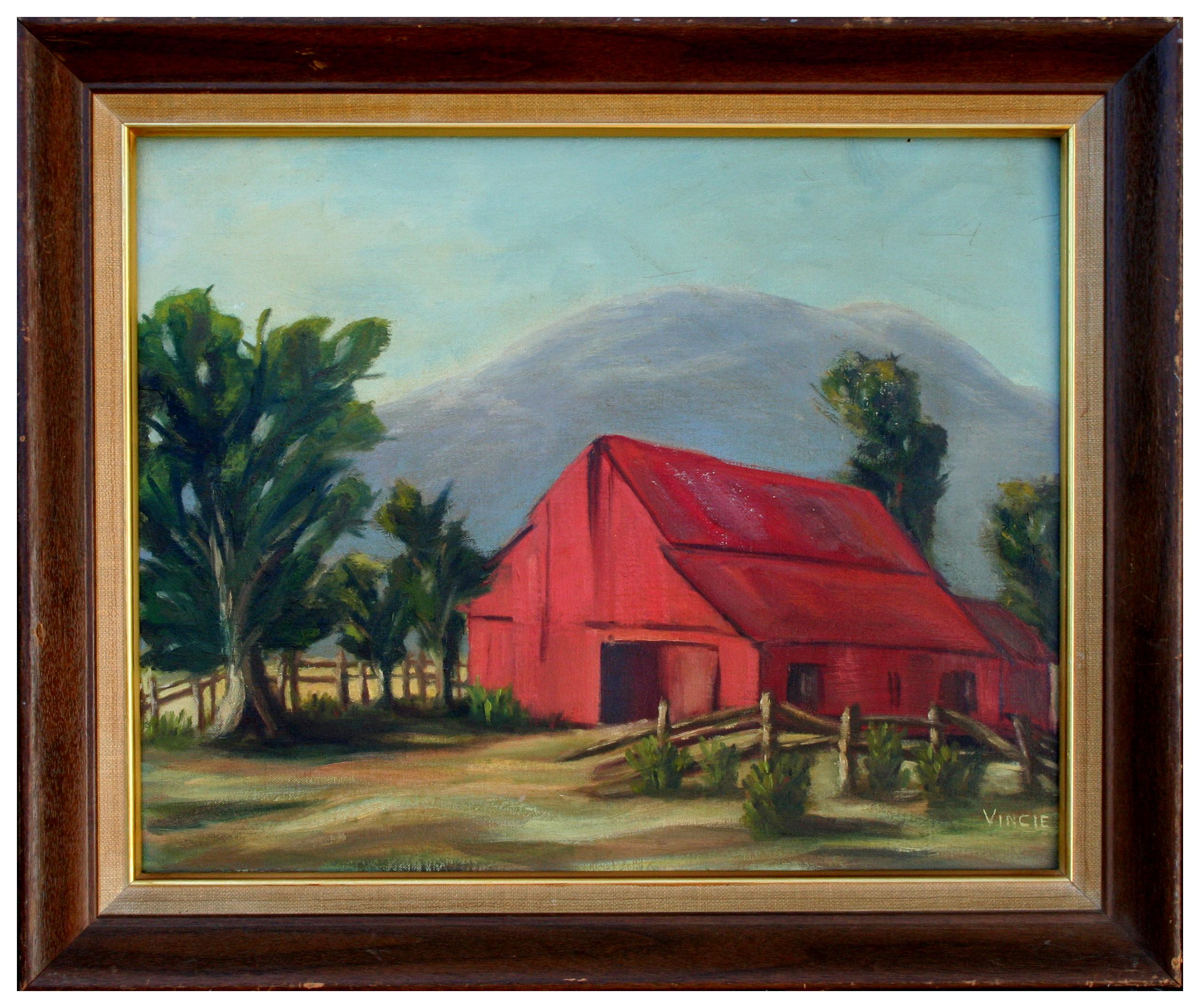 Unknown Landscape Painting - Mid Century Sierra Mountain Farm Landscape with Red Barn