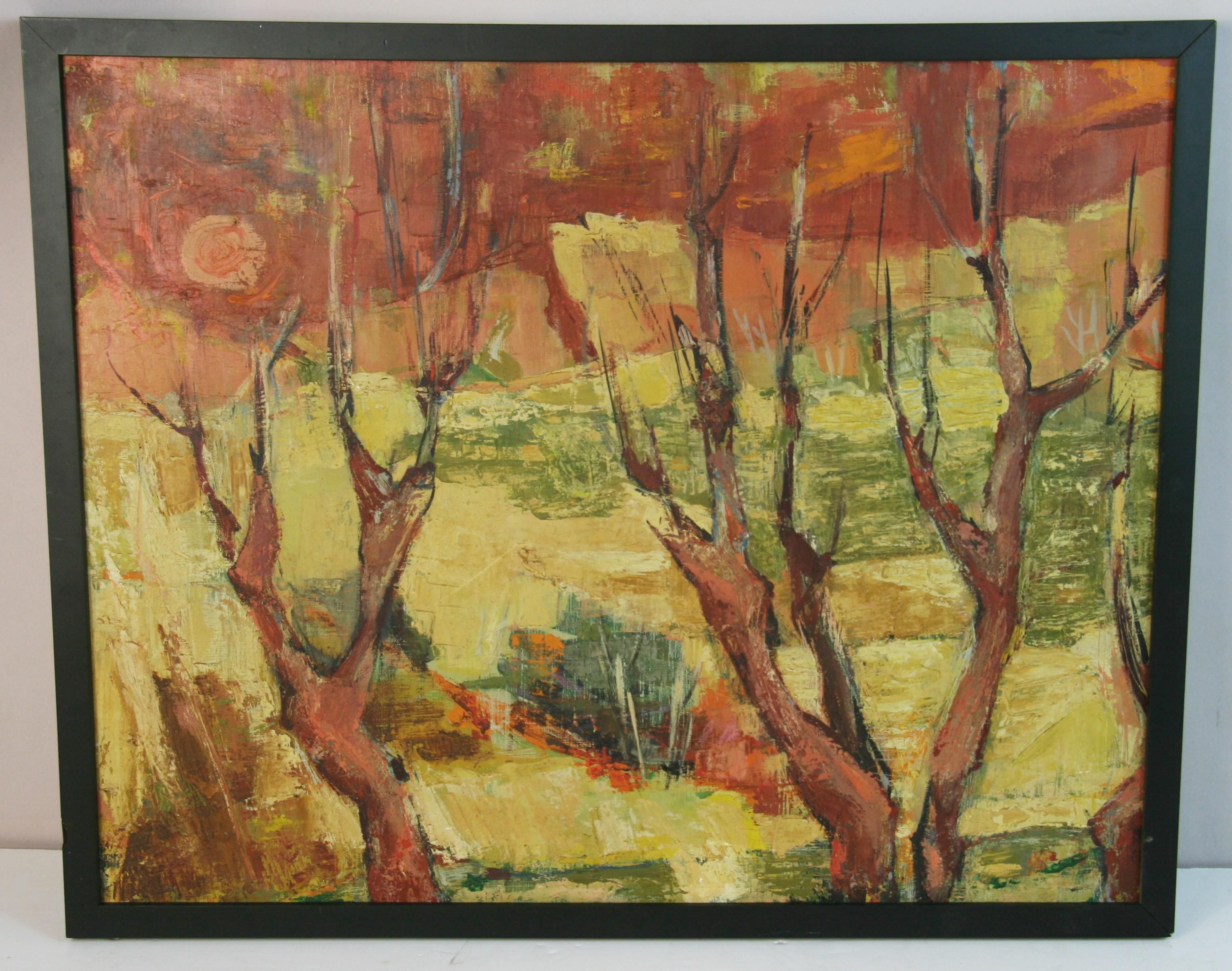Coucher de soleil rouge, peinture à l'huile, paysage encadré, années 1960, 19x24.5\"
