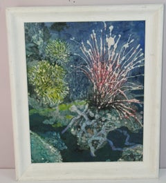 Red Coral in Deep Blue Sea, Oil on Canvas, Framed, 1970s, 15.5x19.5"