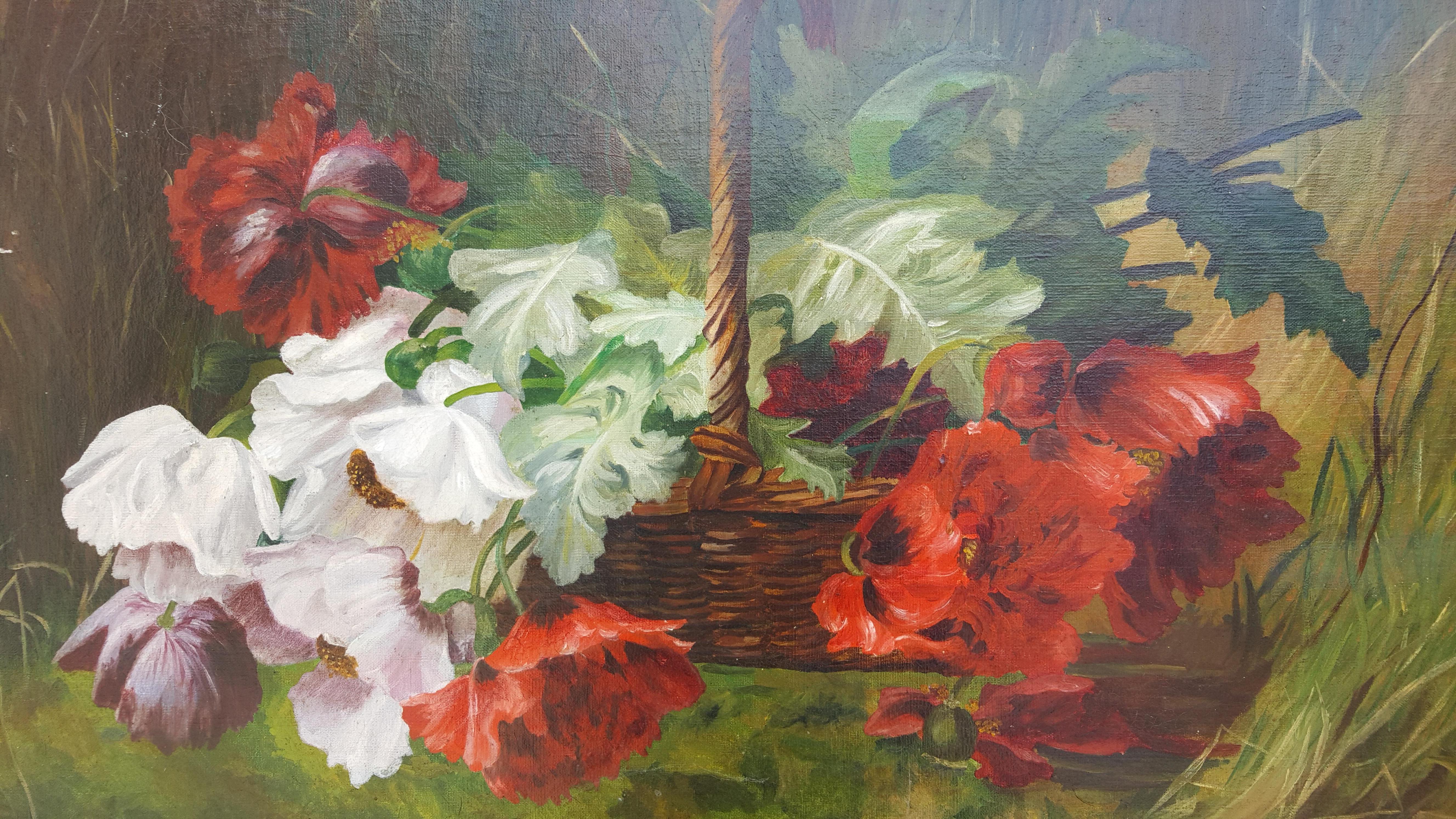  Red Flower Basket  - Painting by Unknown