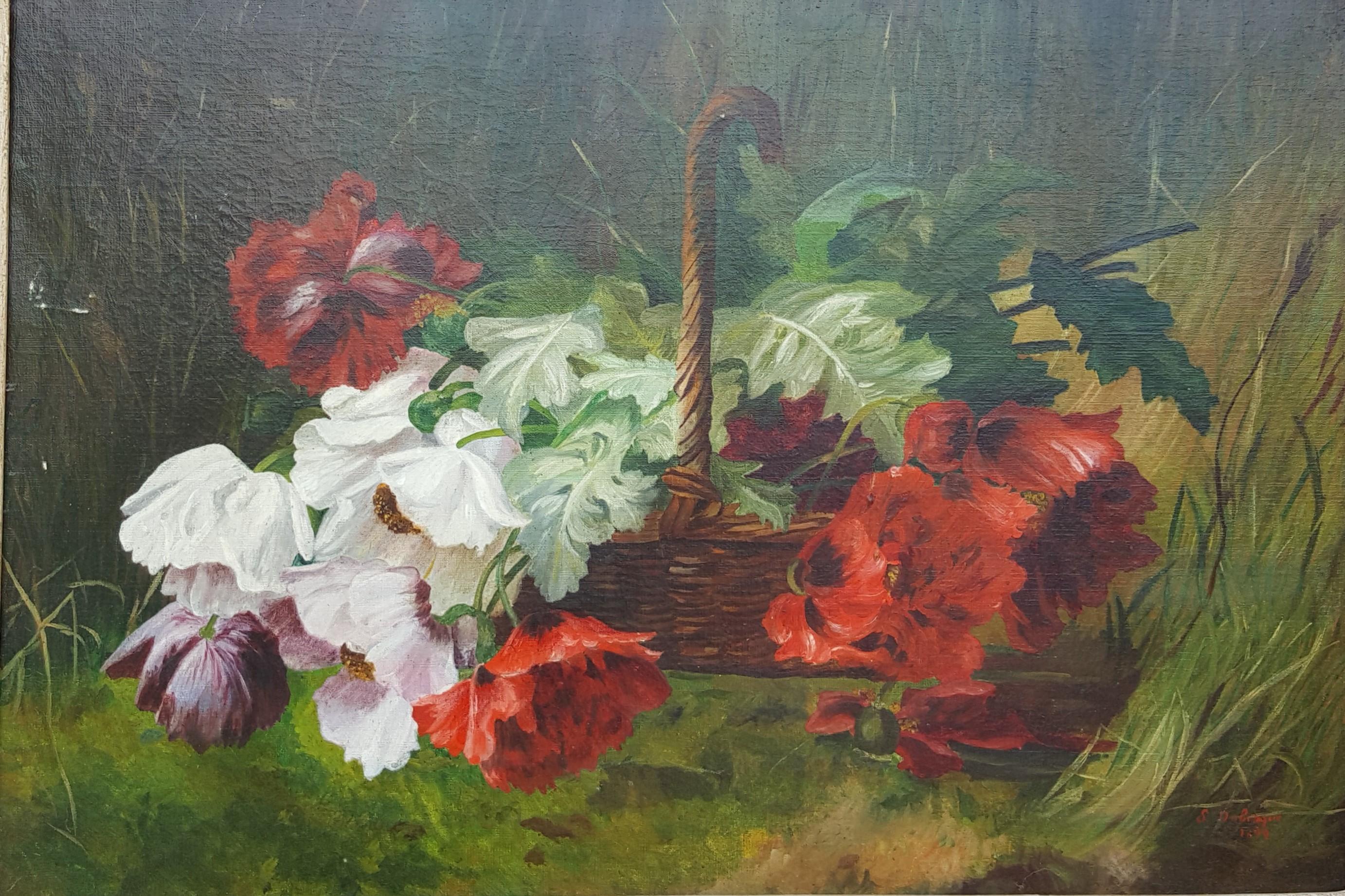 Unknown Figurative Painting -  Red Flower Basket 