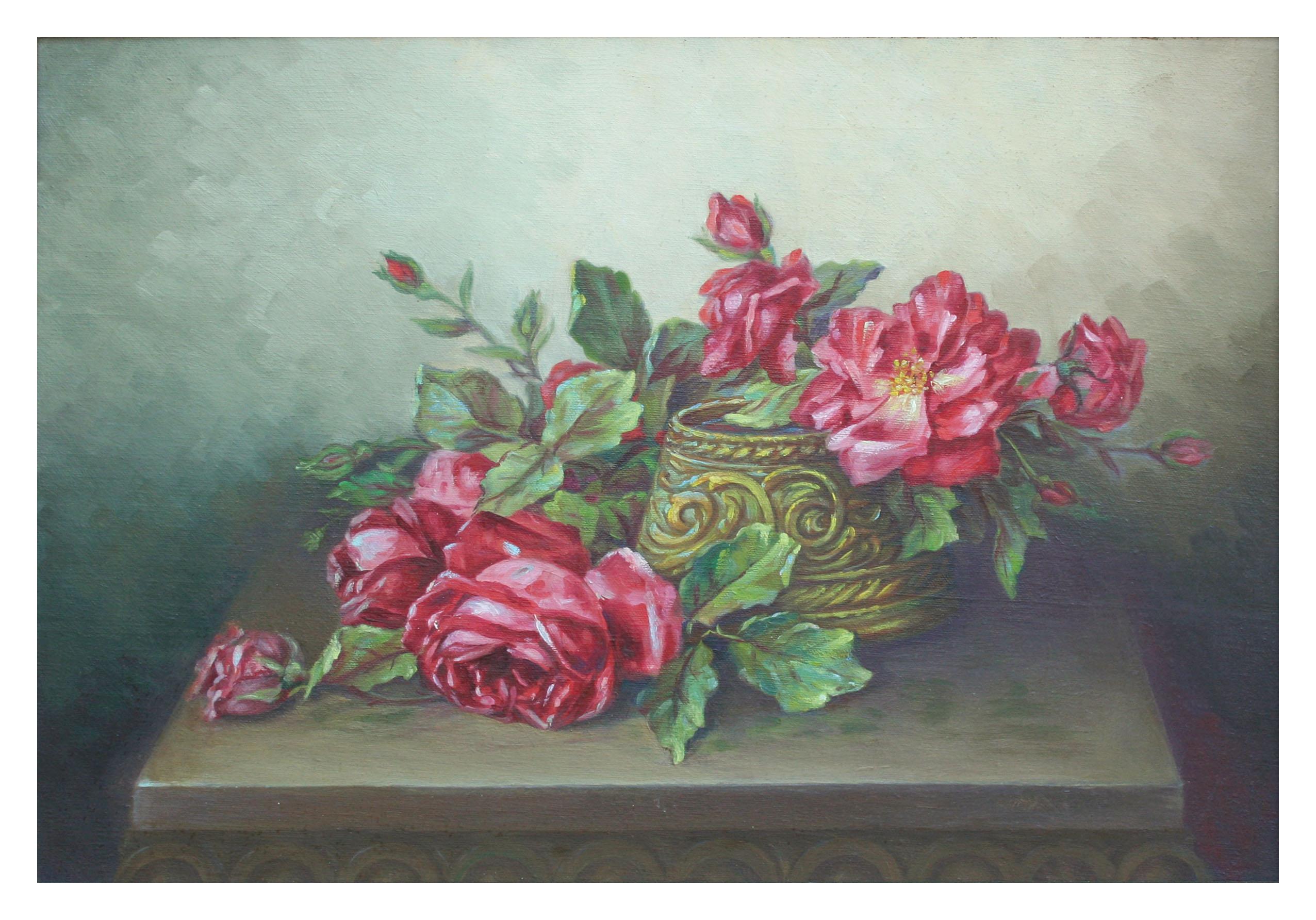Early 20th Century Red Roses Still Life  - Painting by Unknown