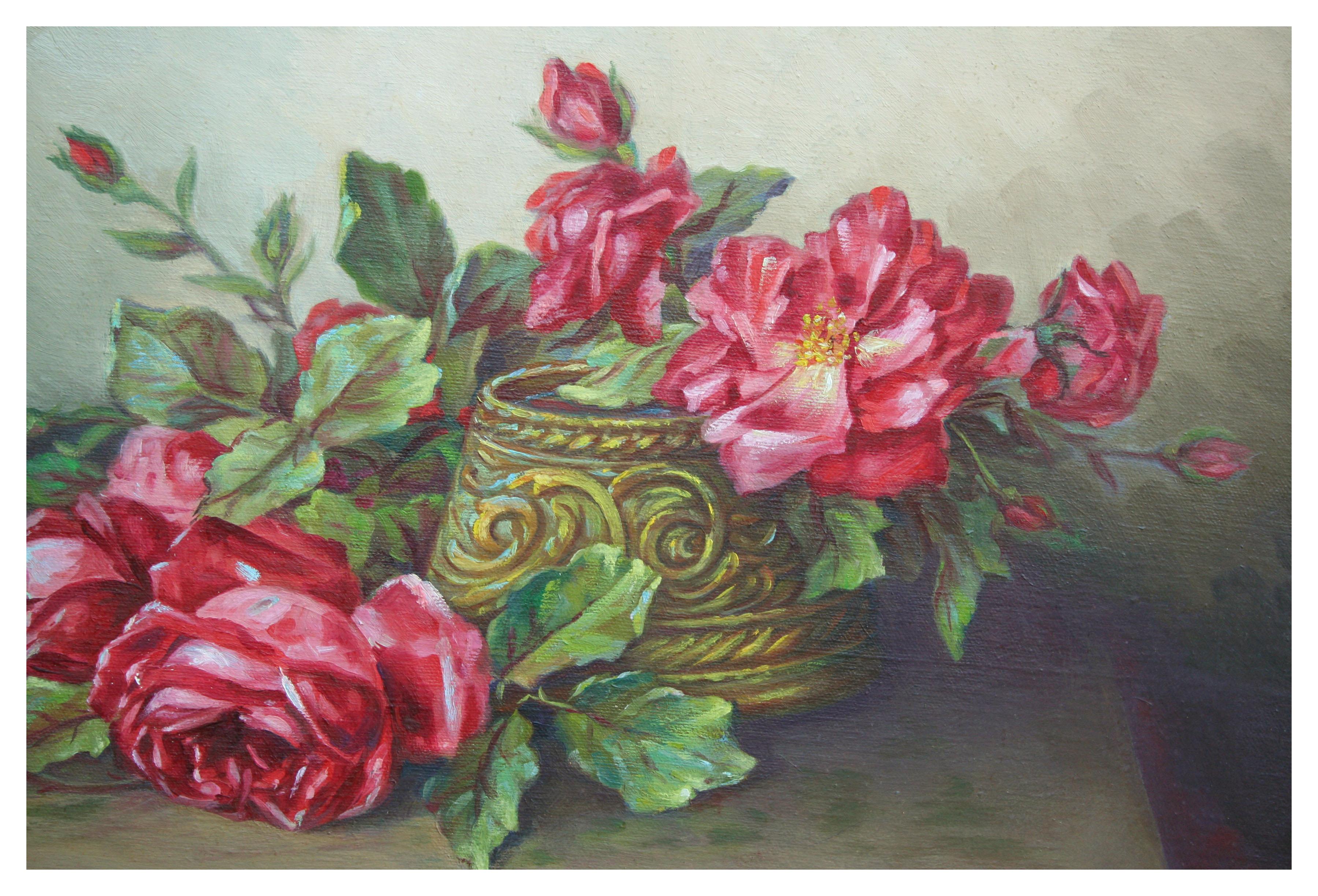 Early 20th Century Red Roses Still Life  - American Impressionist Painting by Unknown