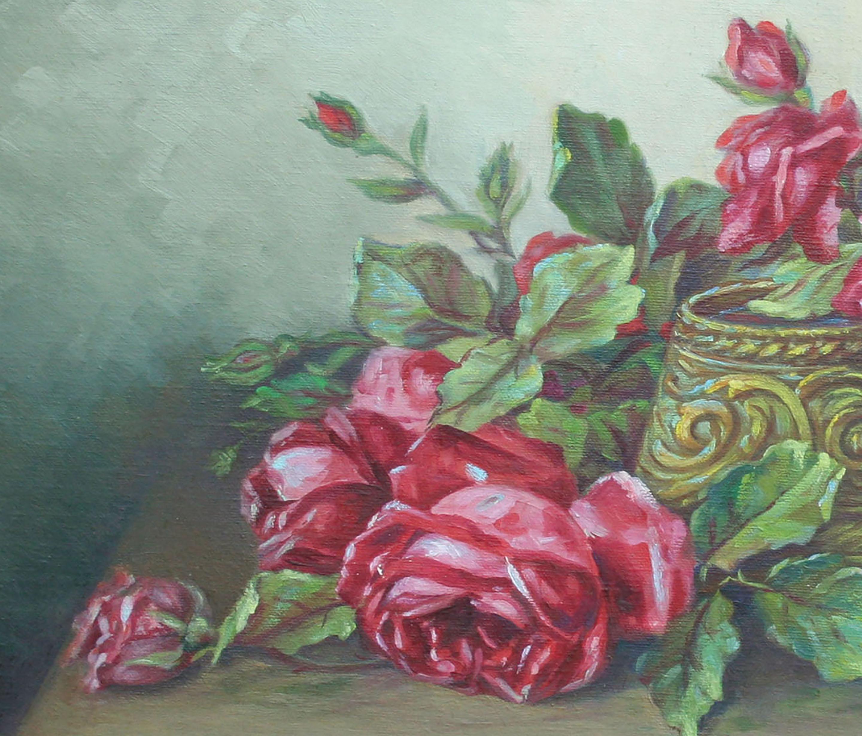 Early 20th Century Red Roses Still Life  - Gray Still-Life Painting by Unknown