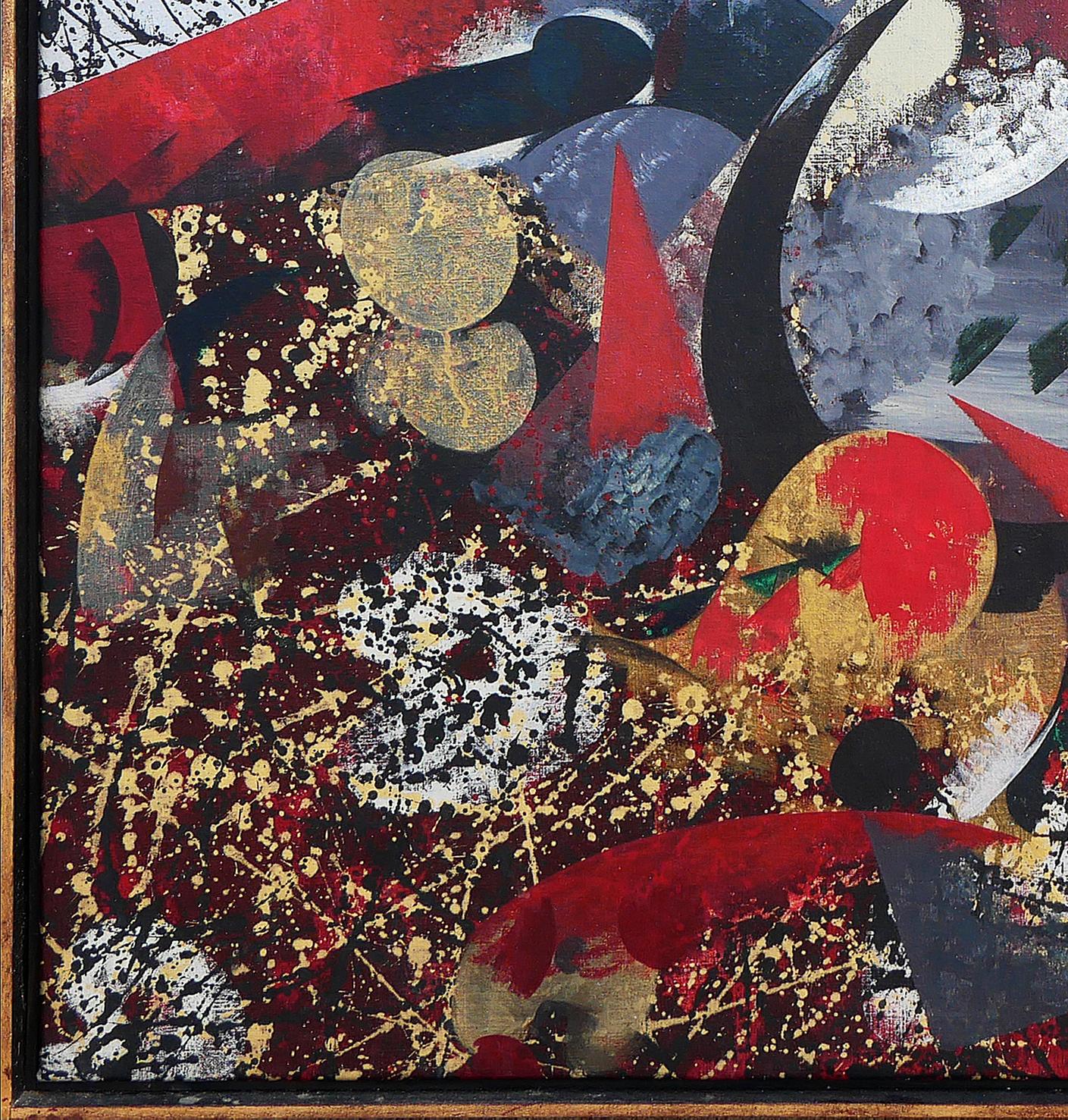Quadro espressionista astratto rosso, grigio e nero di un artista sconosciuto. L'opera raffigura diversi elementi geometrici su uno sfondo di schizzi di vernice rossa, gialla e nera. Firmato dall'artista. Incorniciato in una moderna cornice