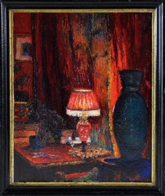 Red Interior, Original Antique Oil on Wood, Signed, French Artist