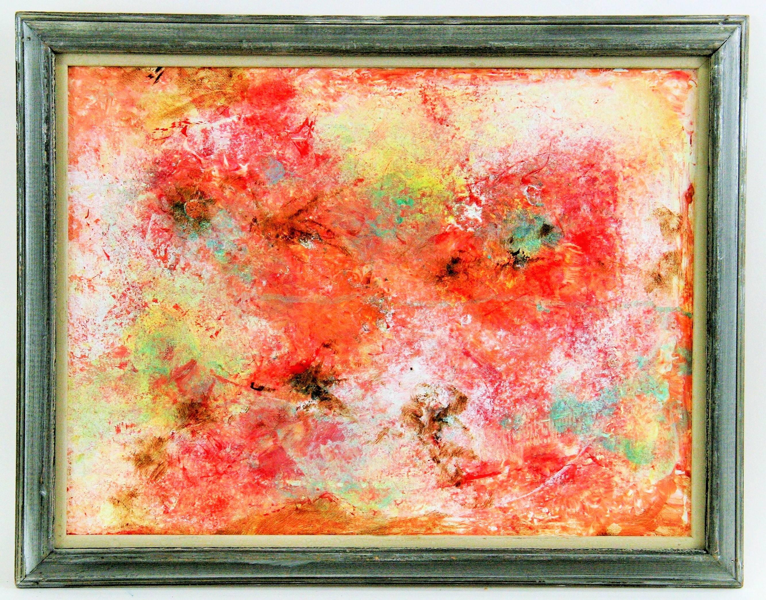 #5-2477 Red Palette abstract painting ,acrylic on artist board, displayed in a silver-gray wood frame.signed lower right by Fresh