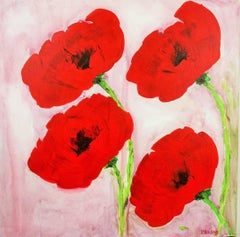 Red Poppies Abstract Painting, Acrylic on Canvas, Signed, 20x20 in