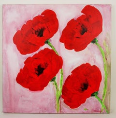 Red Poppies Abstract Painting, Acrylic on Canvas, Signed, 20x20 in