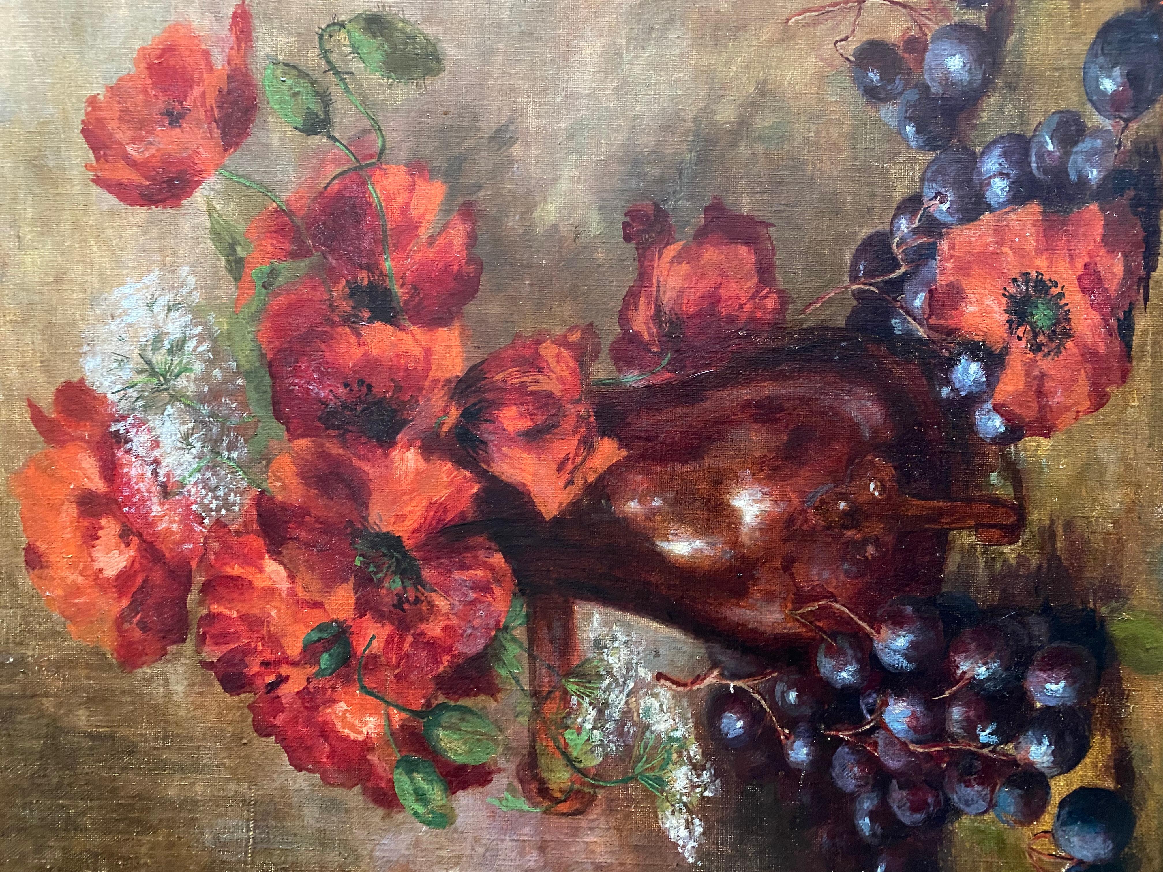 Coquelicots rouges et raisins - Académique Painting par Unknown