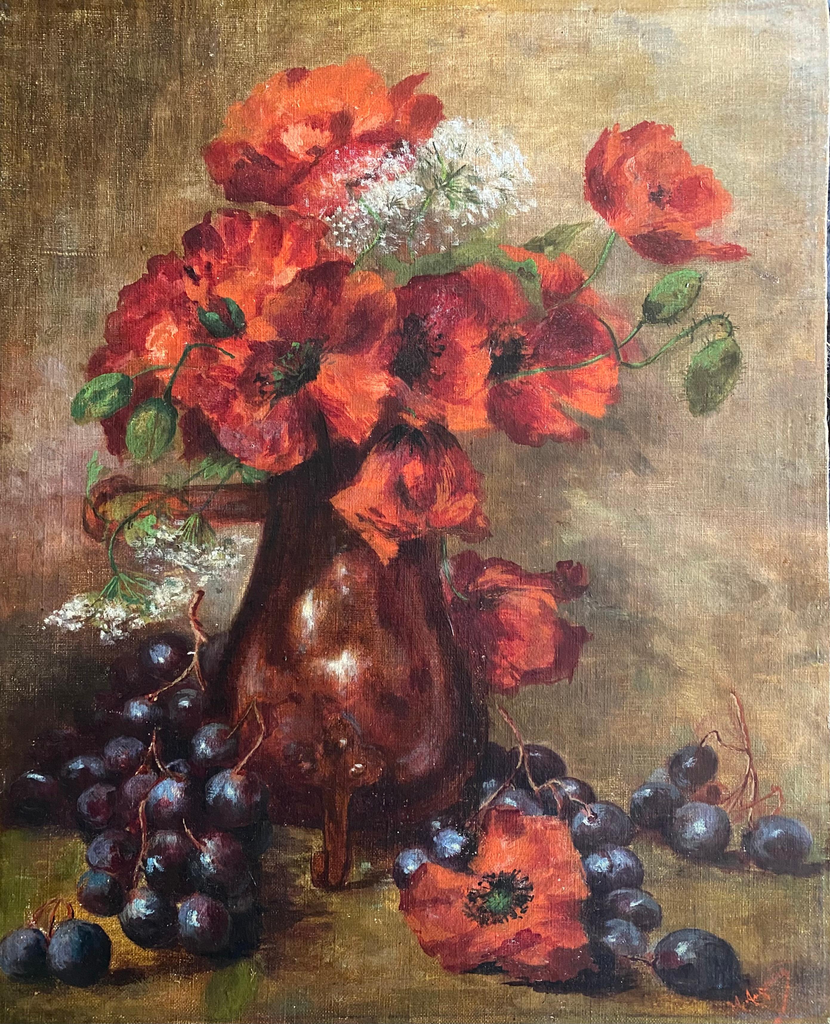 Still-Life Painting Unknown - Coquelicots rouges et raisins