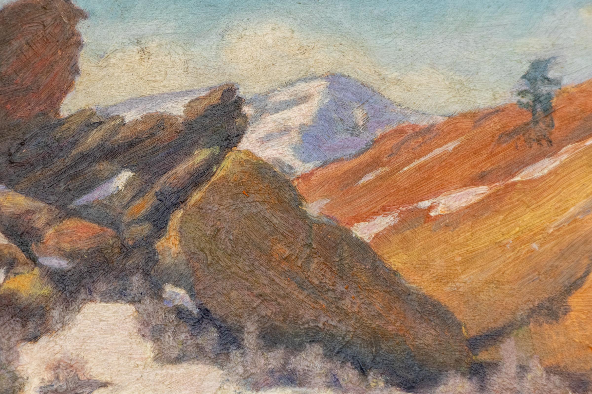Red Rocks Park 1930s Oil Painting – Snow-Capped Mountain Landscape Artwork For Sale 2
