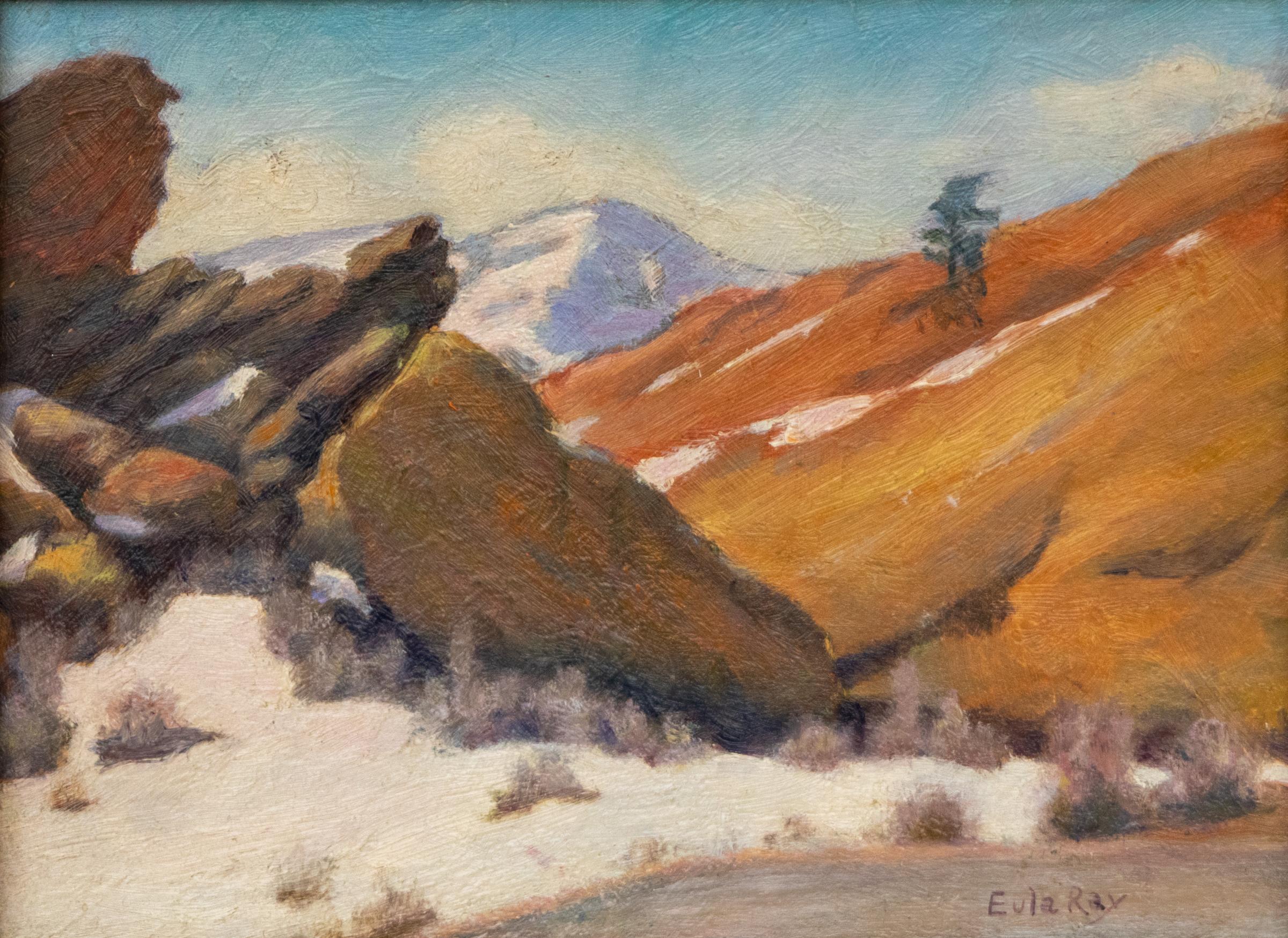 Unknown Landscape Painting - Red Rocks Park 1930s Oil Painting – Snow-Capped Mountain Landscape Artwork