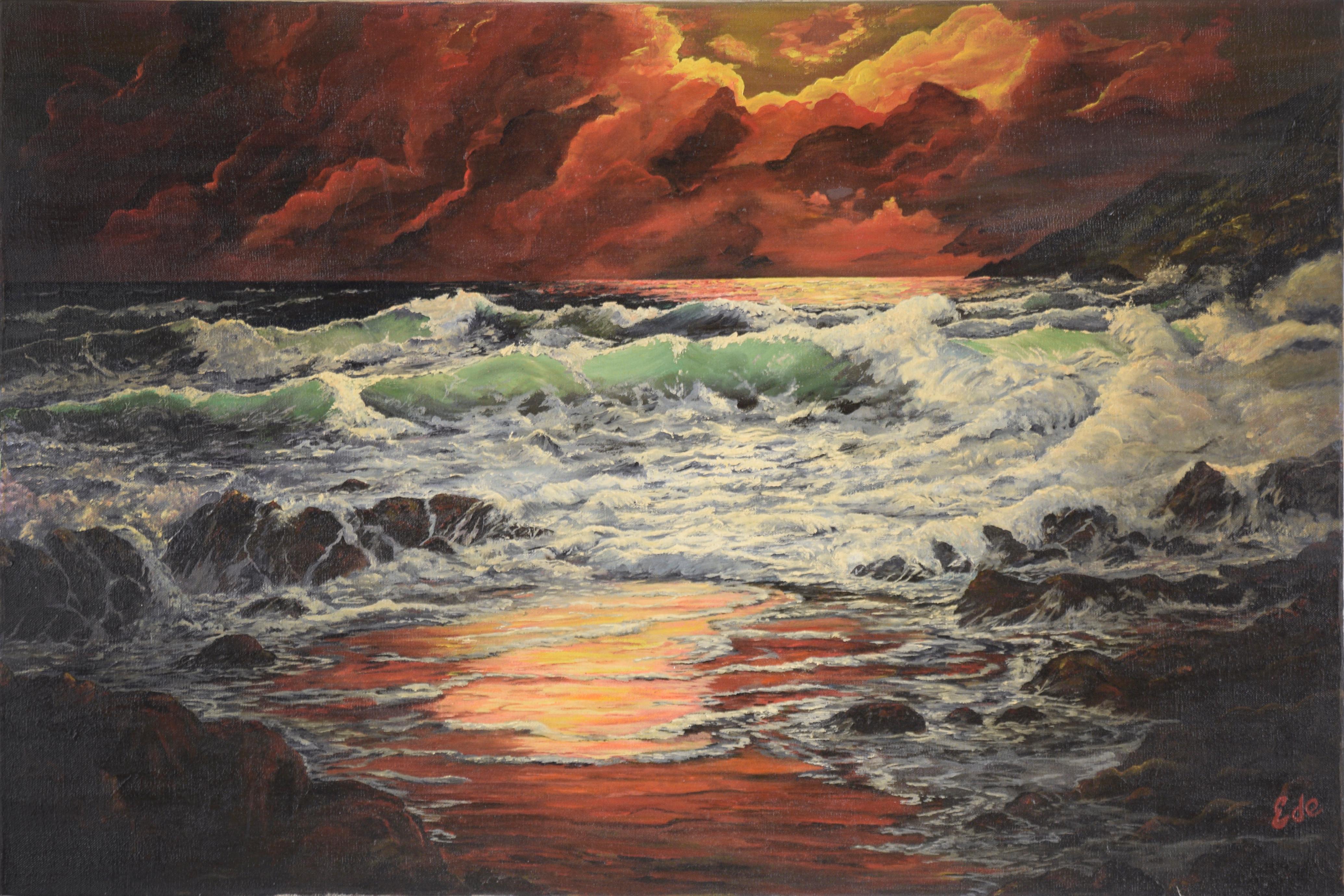 Unknown Landscape Painting - Red Skies Over the Sea