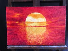 Red Sky, Impressionist Landscape, Signed Oil Painting