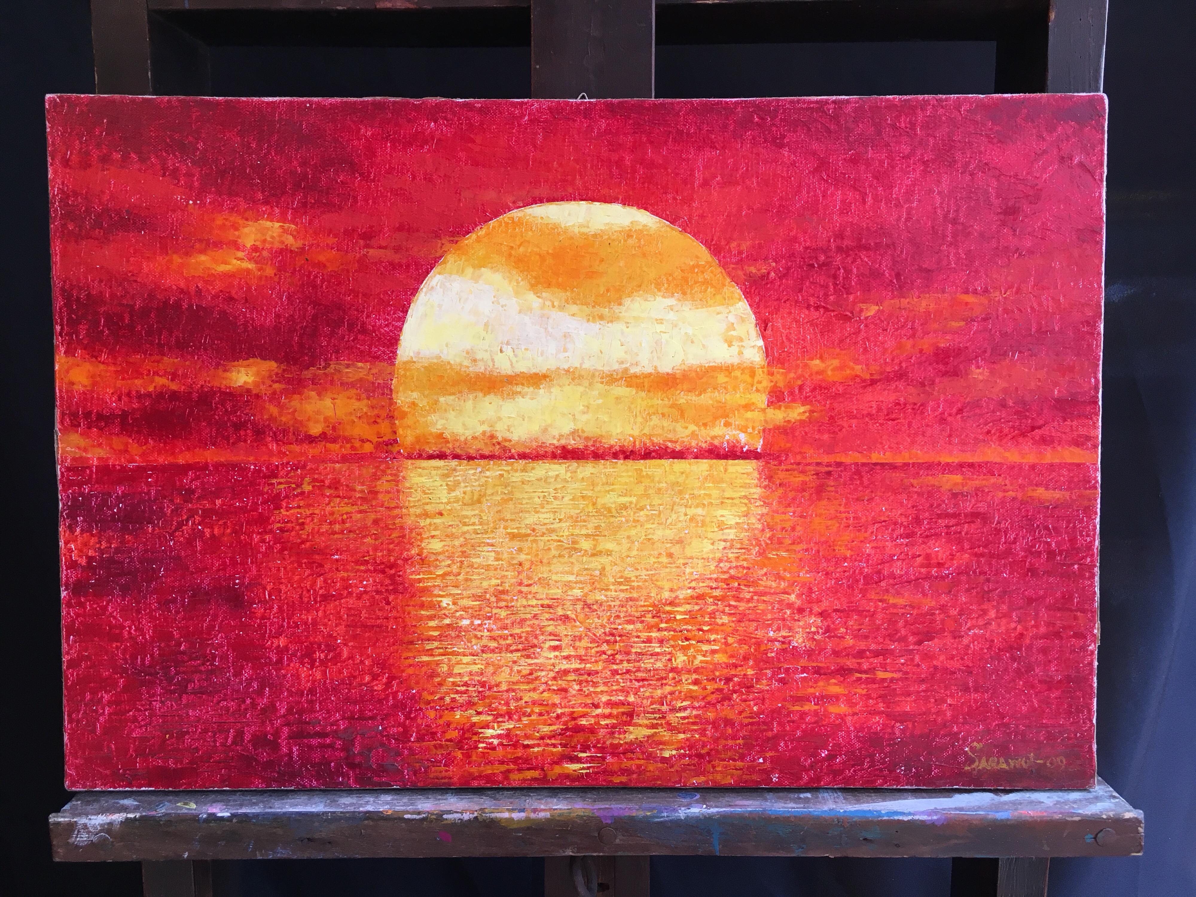 Le ciel rouge, paysage impressionniste, peinture à l'huile signée - Impressionnisme Painting par Unknown