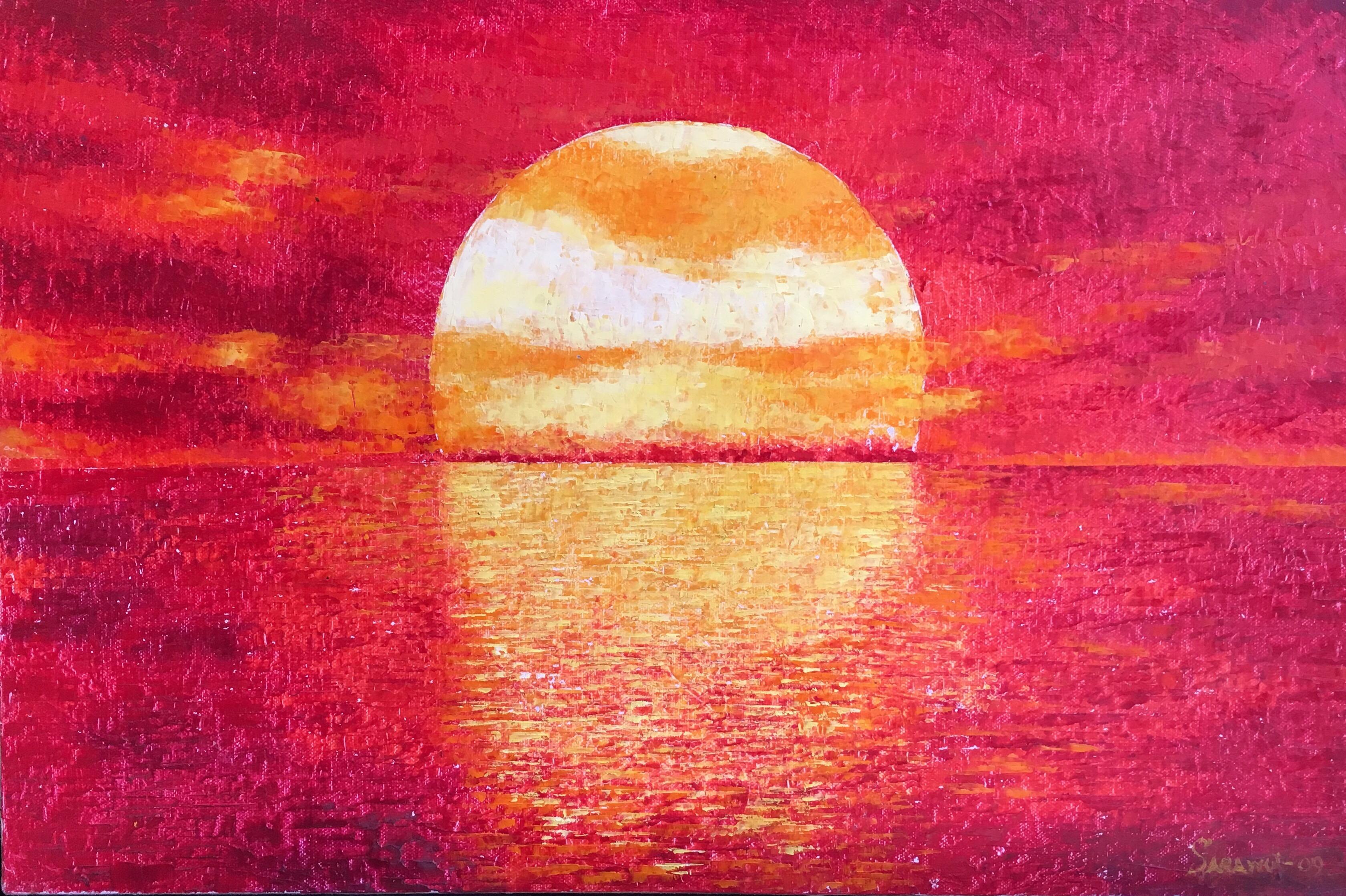 Still-Life Painting Unknown - Le ciel rouge, paysage impressionniste, peinture à l'huile signée