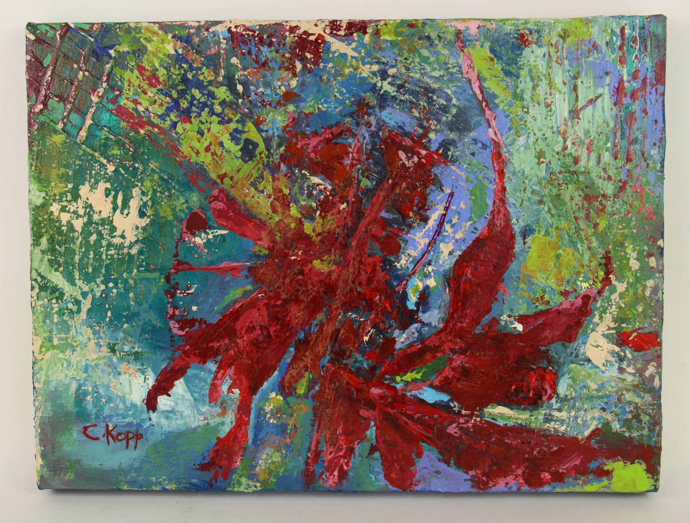 #5-3427 Red Sunburst, a 1970's acrylic palette technique on canvas, signed lower left by C.Kopp
