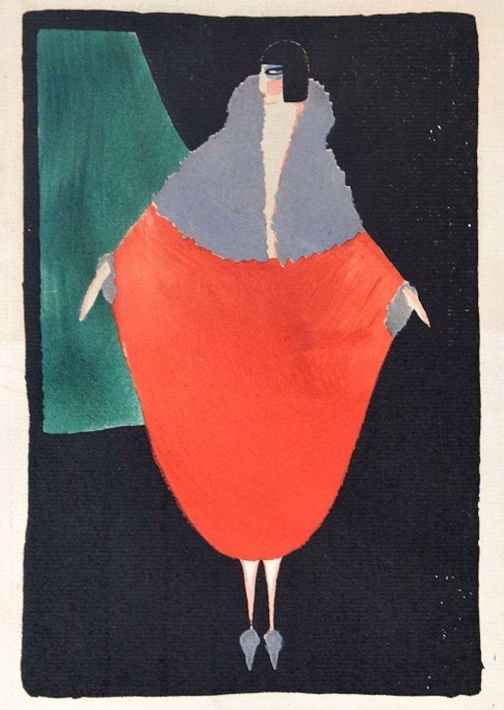 Unknown Figurative Painting – Red Woman / Original Woodcut hand colored in Tempera on Paper - Art Deco - 1920s