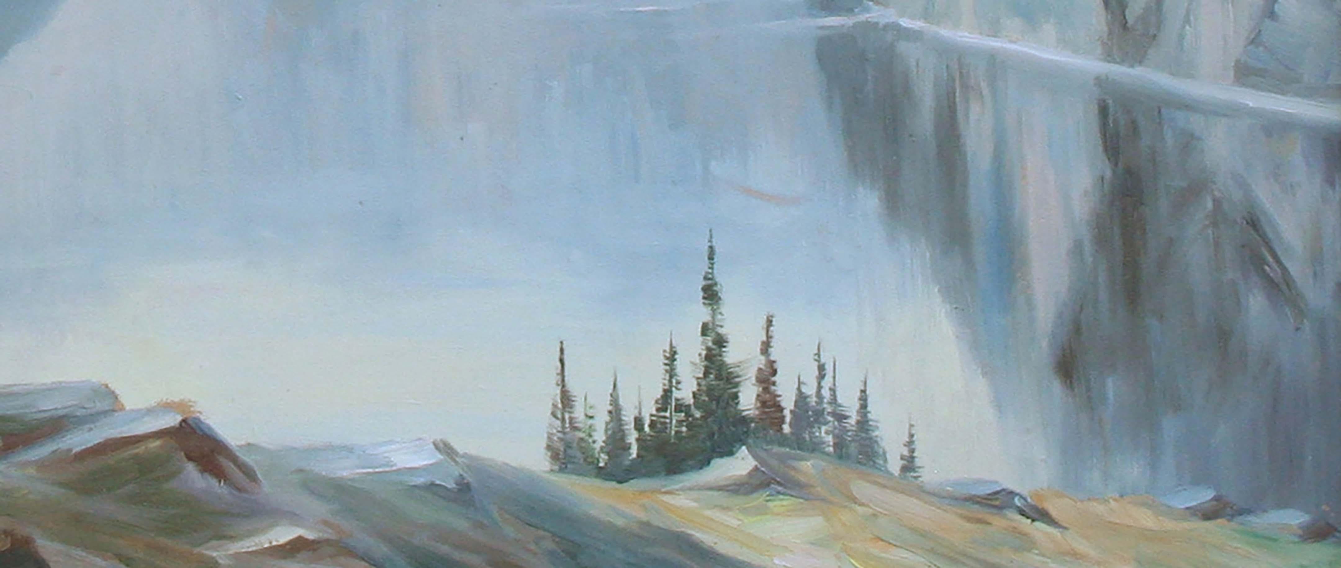 Sereno paisaje de mediados de siglo de montañas reflejándose sobre un fiordo en Noruega por un artista desconocido, Circa 1940's. Sin firmar. Se presenta en un marco rústico de madera dorada. Imagen, 20 