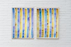 Erfrischendes Gelato, Gelbe und blaue moderne Malerei, Diptychon, Gestreifte Cabine Beach