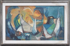 "Regatta" Large Vintage American Modernist Seascape Cubist Original Oil Painting