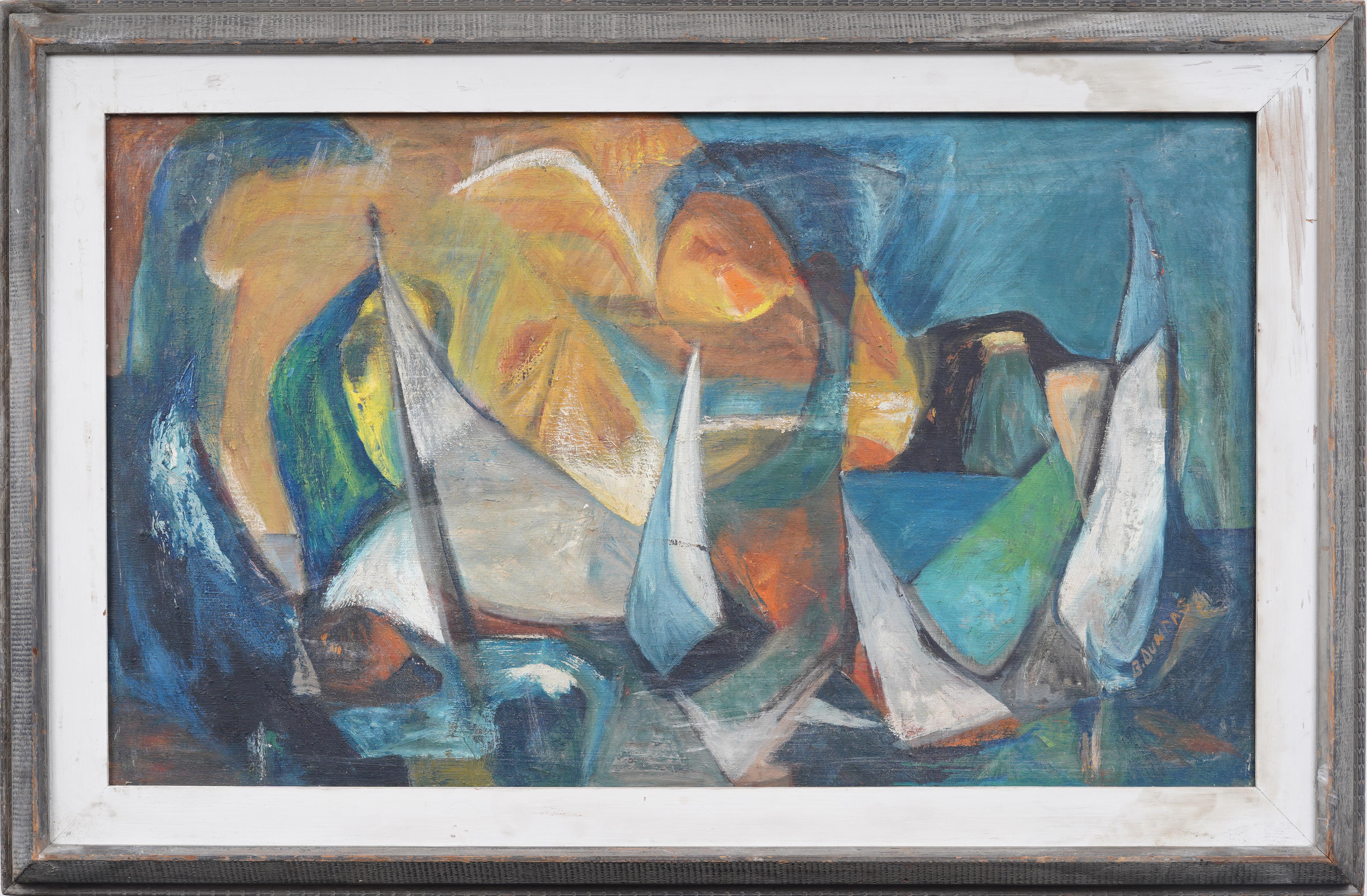"Regatta" Large Vintage American Modernist Seascape Cubist Original Oil Painting