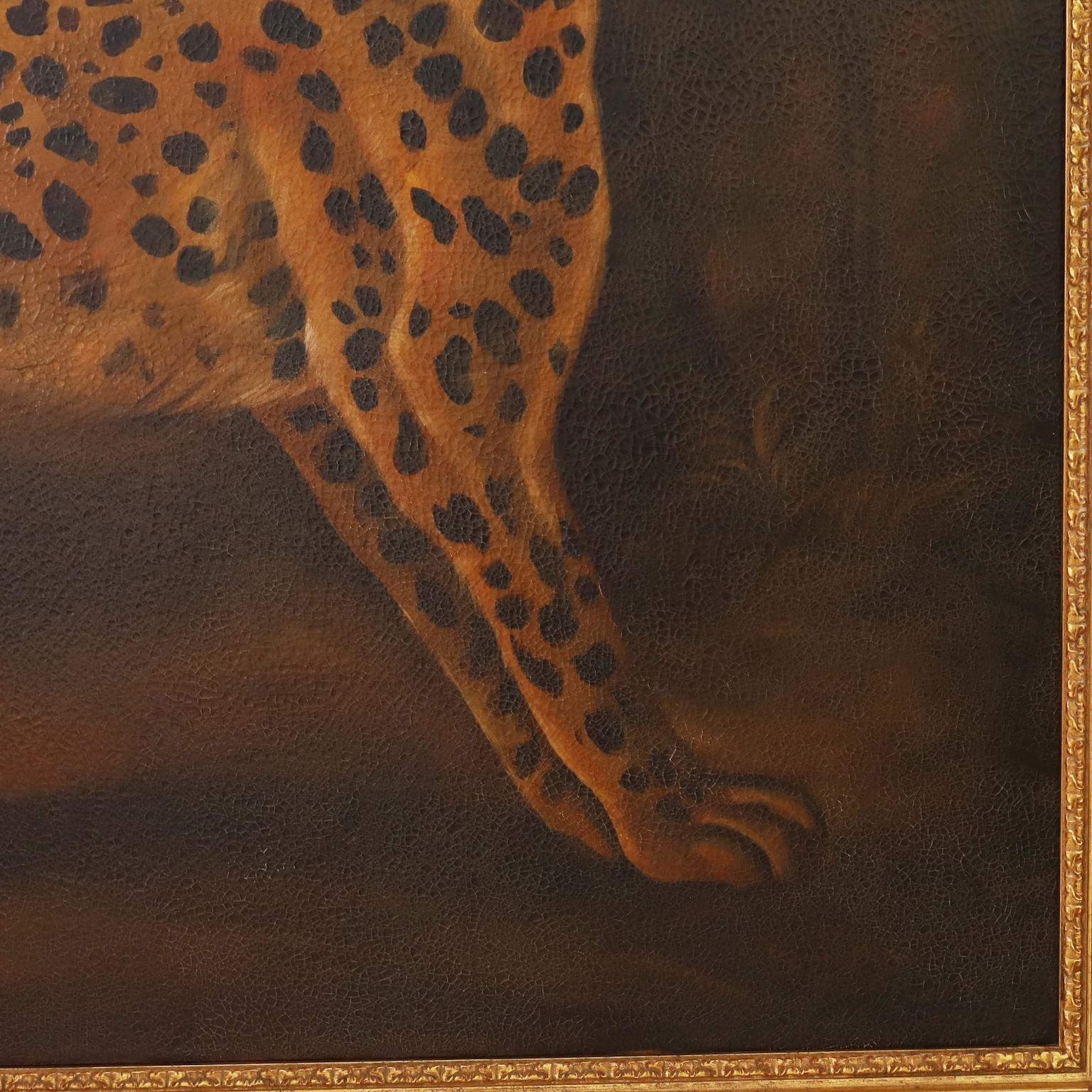 Eye catching oil painting on canvas of a pet cheetah or leopard in a jungle setting executed in a tongue and cheek Victorian parlor painting style with contrived aging and a touch of whimsy. Faintly signed Reginald Baxter in the lower right and