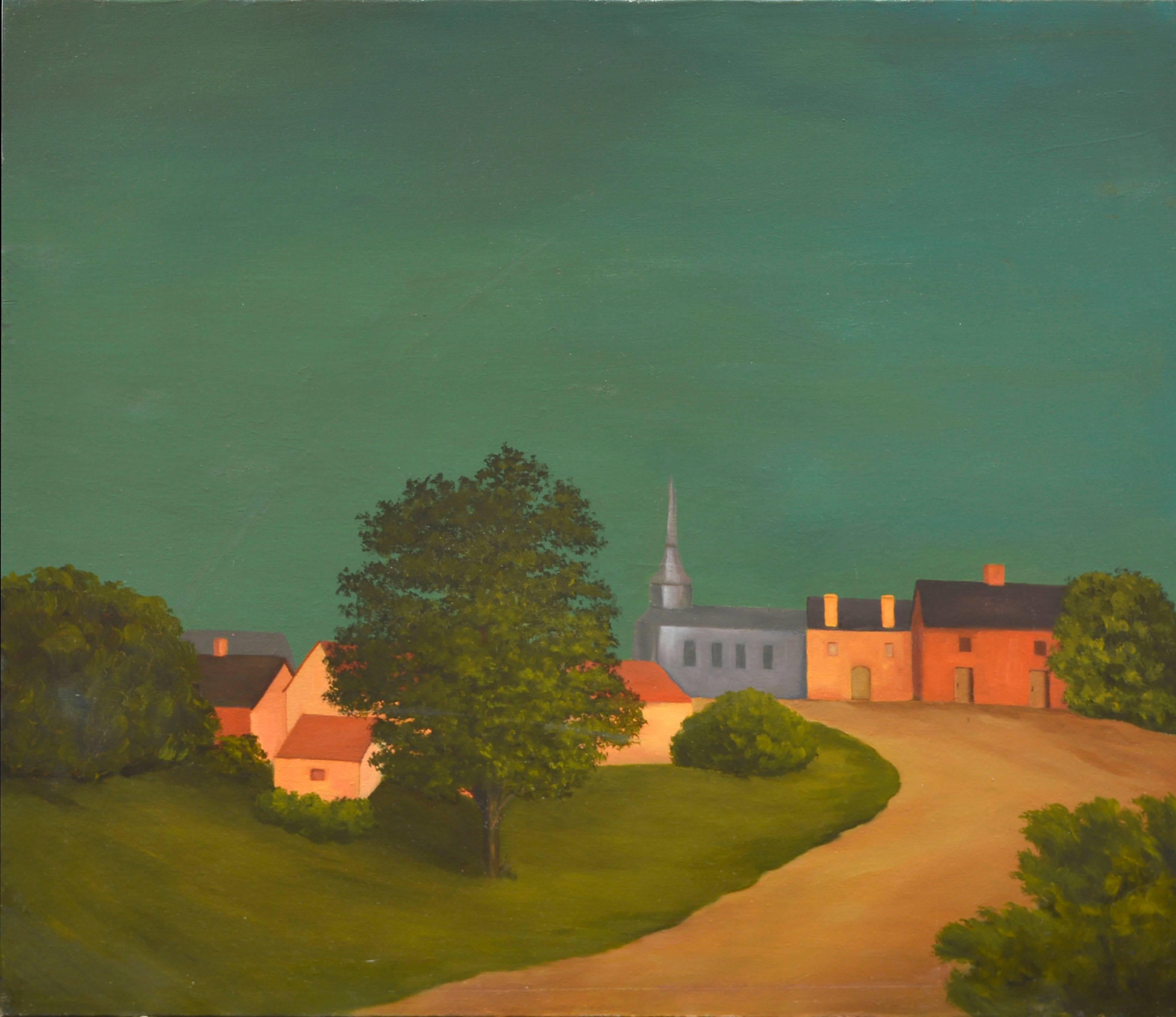 Unknown Landscape Painting - American Regionalism Small Town Landscape in Style of Grant Wood
