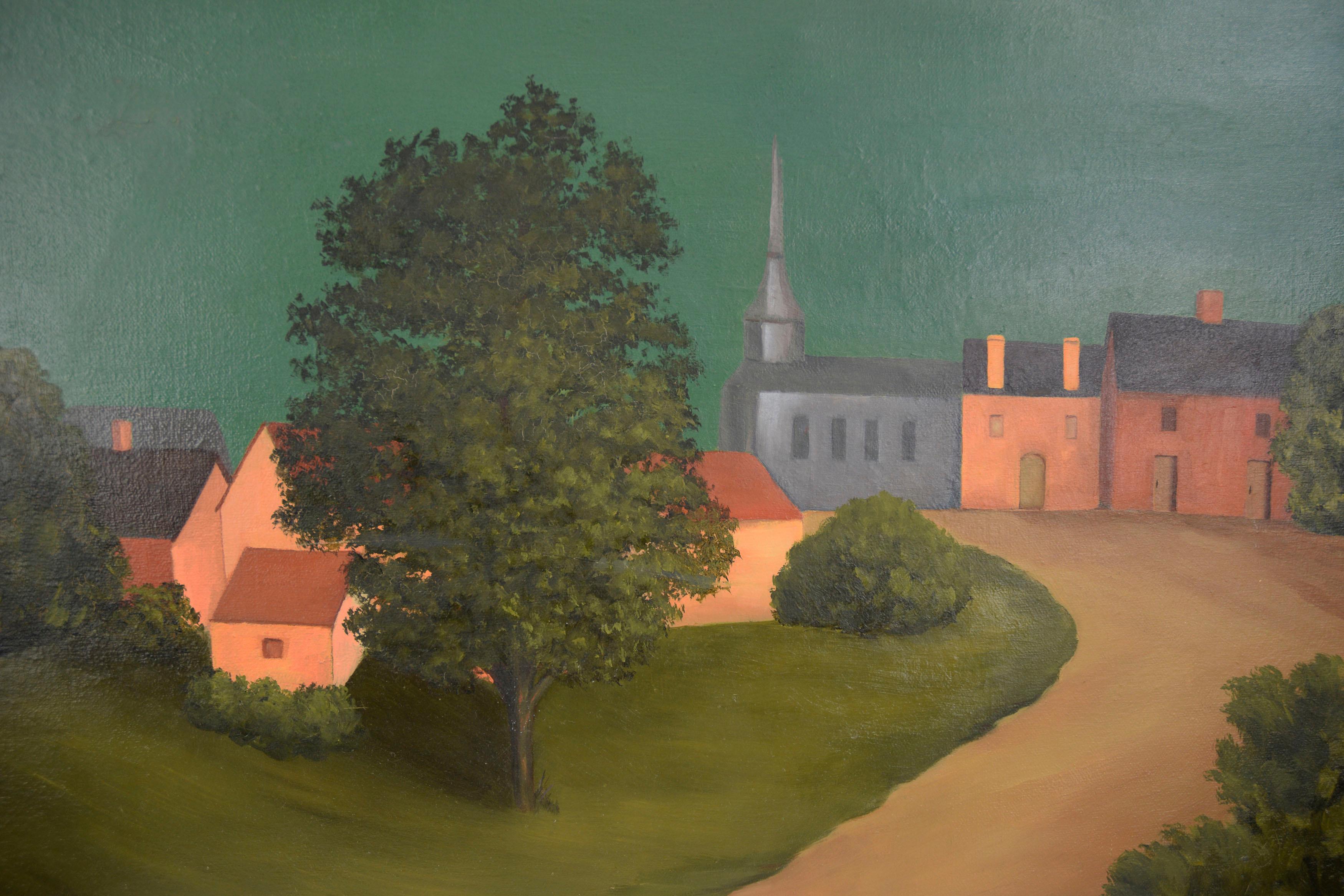American Regionalism Small Town Landscape in Style of Grant Wood - Painting by Unknown