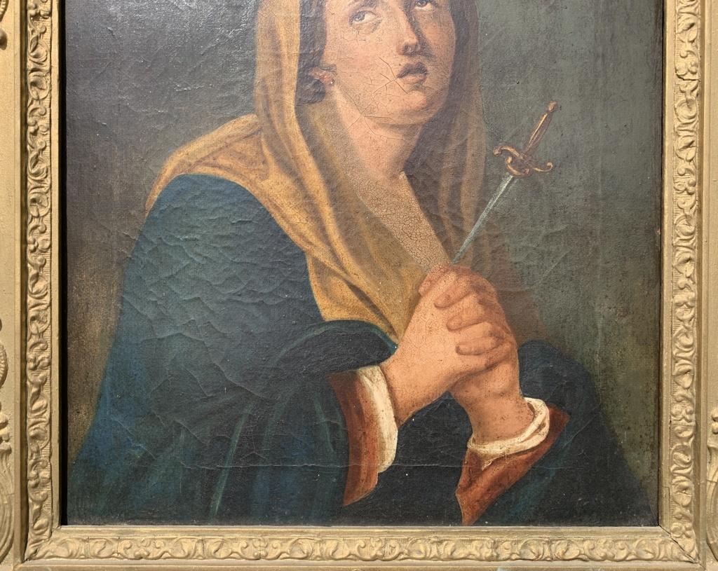 Peintre italien (début du XIXe siècle) - Mater Dolorosa.

37 x 33 cm sans cadre, 53 x 48 cm avec cadre.

Peinture à l'huile ancienne sur toile, dans un cadre ancien en bois sculpté et doré (petites cassures).

État des lieux : Toile originale. Bon