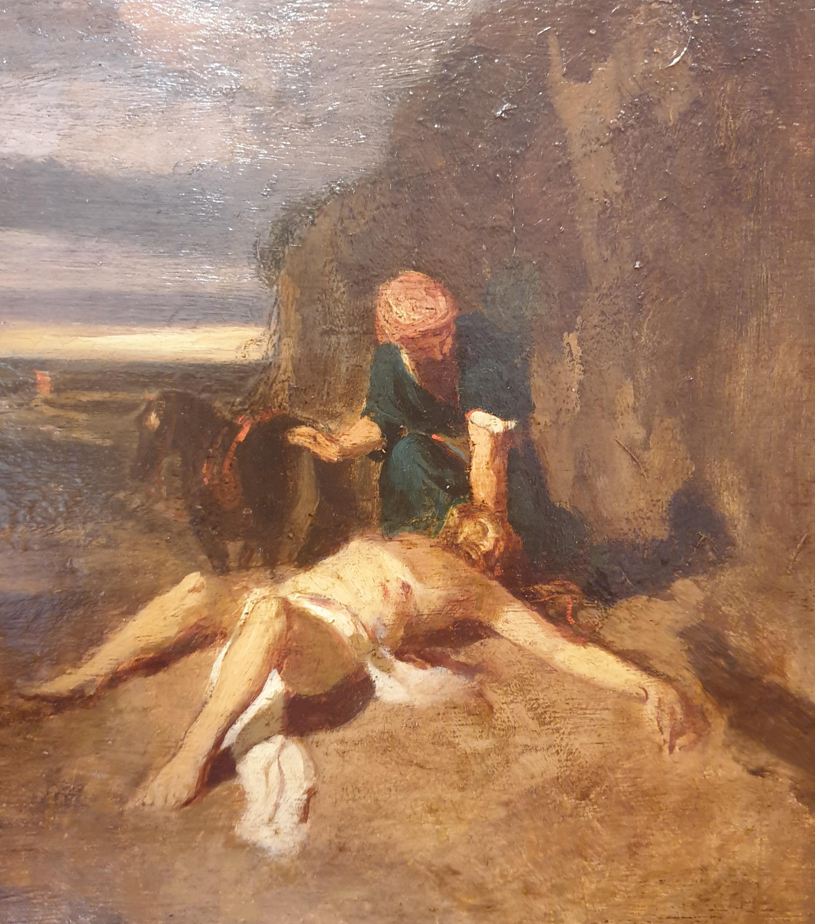 French school in the middle of the 19th century
Oil on wood
25 x 23.5 cm
Trace of a signature at bottom left 
This small study for the Good Samaritan recalls the art of French romantic painters from the mid-19th century such as Paul Huet and Eugène
